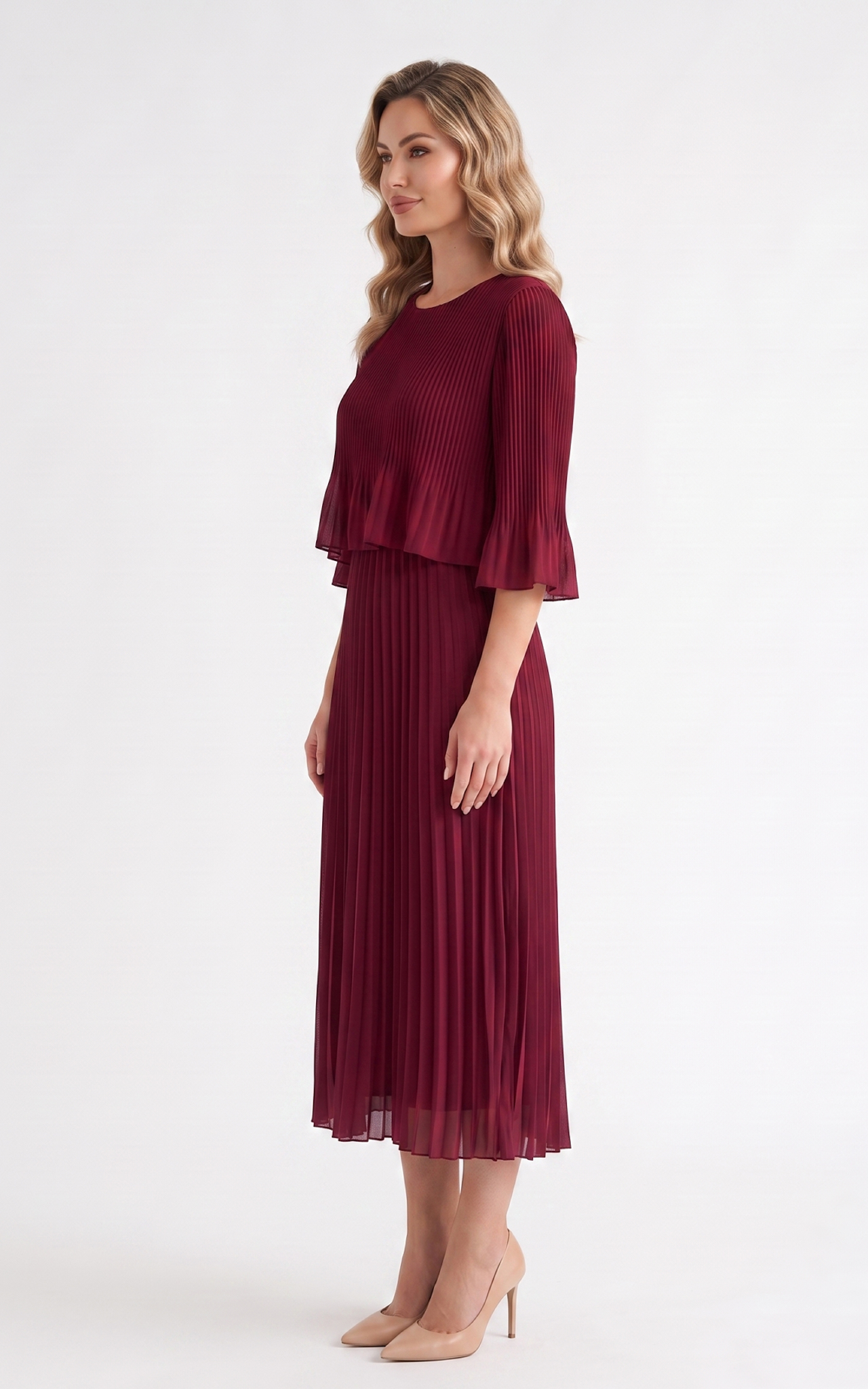 Rochie de vara, din voal vaporos cu elastic in talie Ginny midi bordo-uni [3]