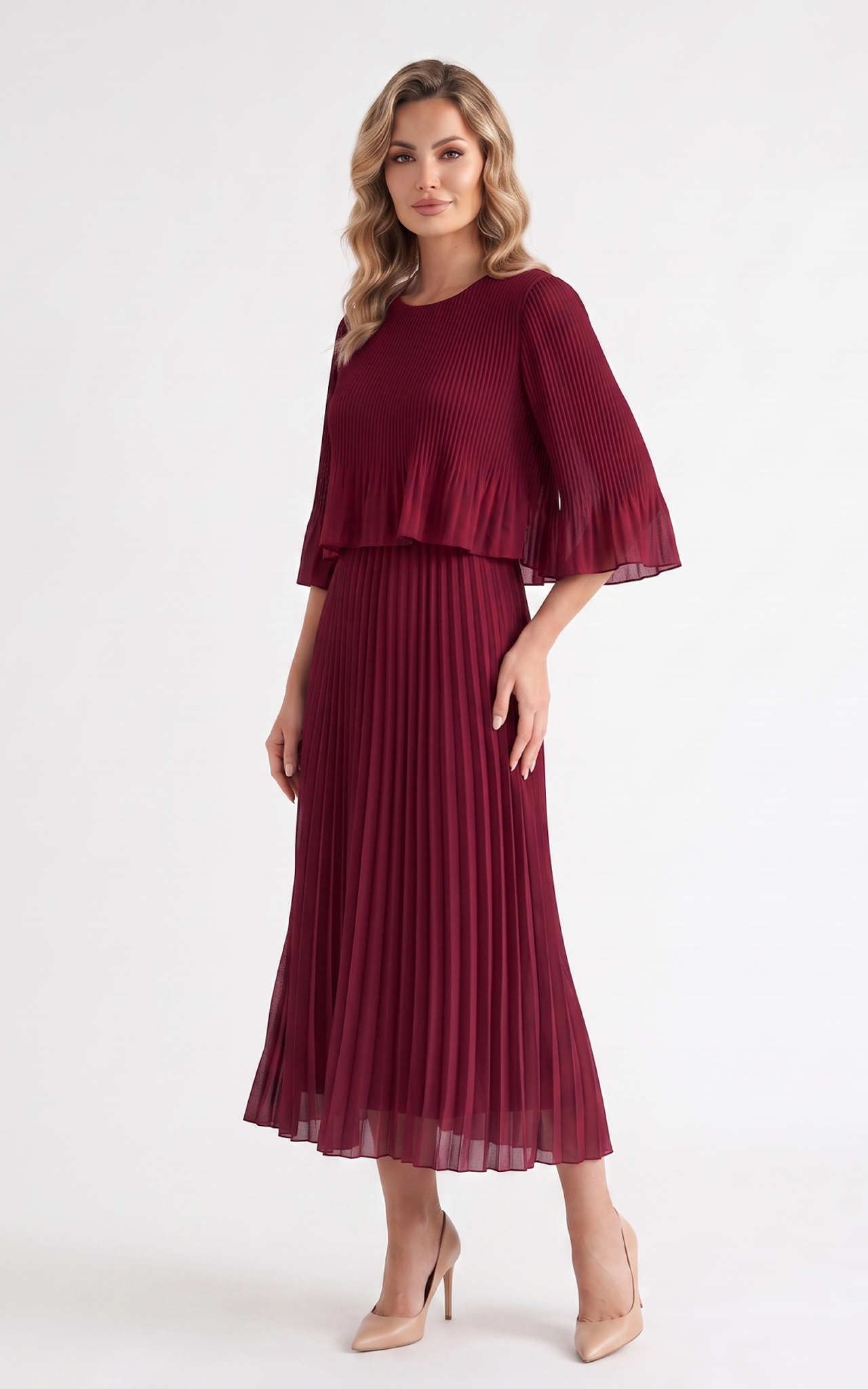 Rochie de vara, din voal vaporos cu elastic in talie Ginny midi bordo-uni [5]
