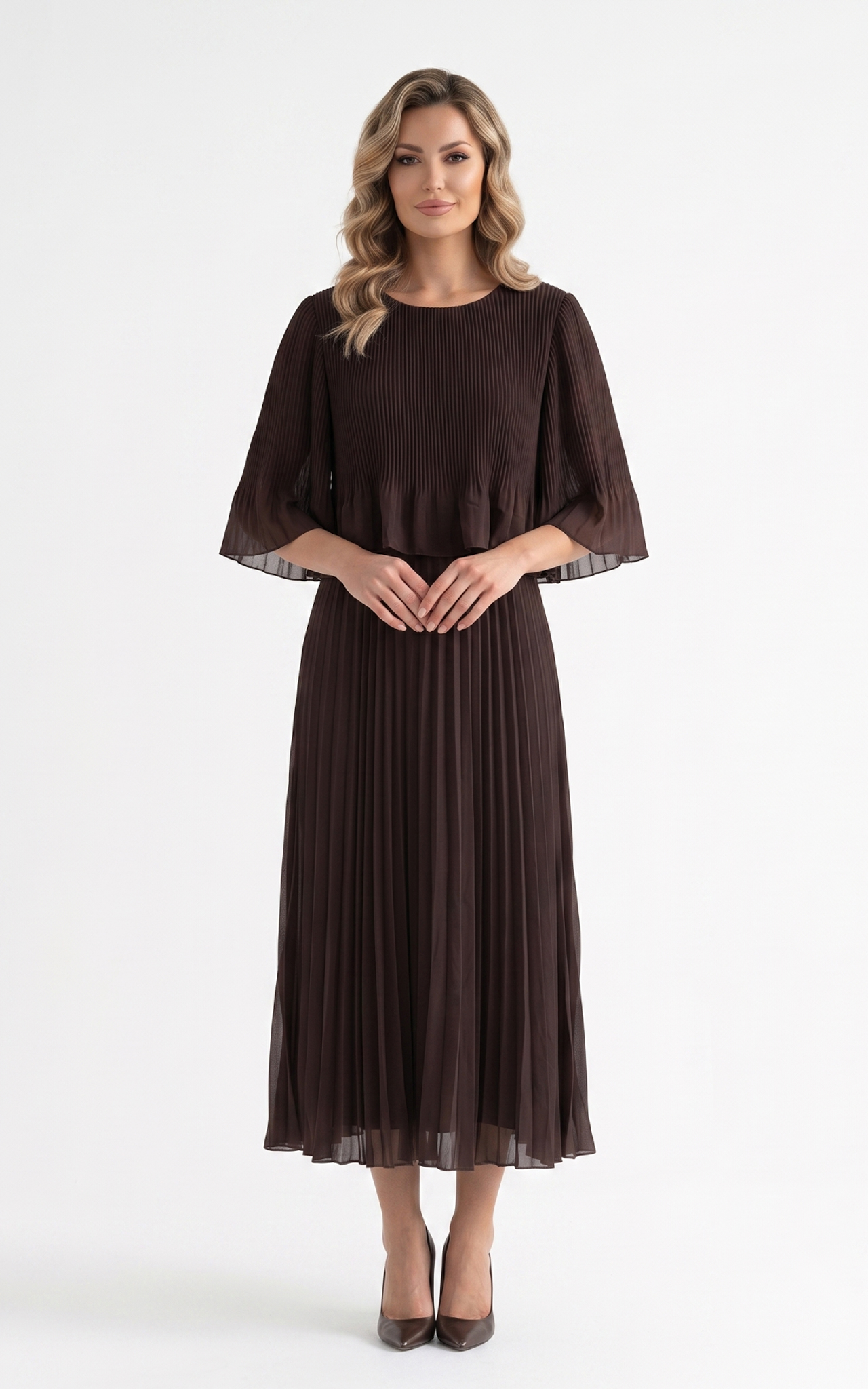 Rochie de vara, din voal vaporos cu elastic in talie Ginny midi maro-uni [3]