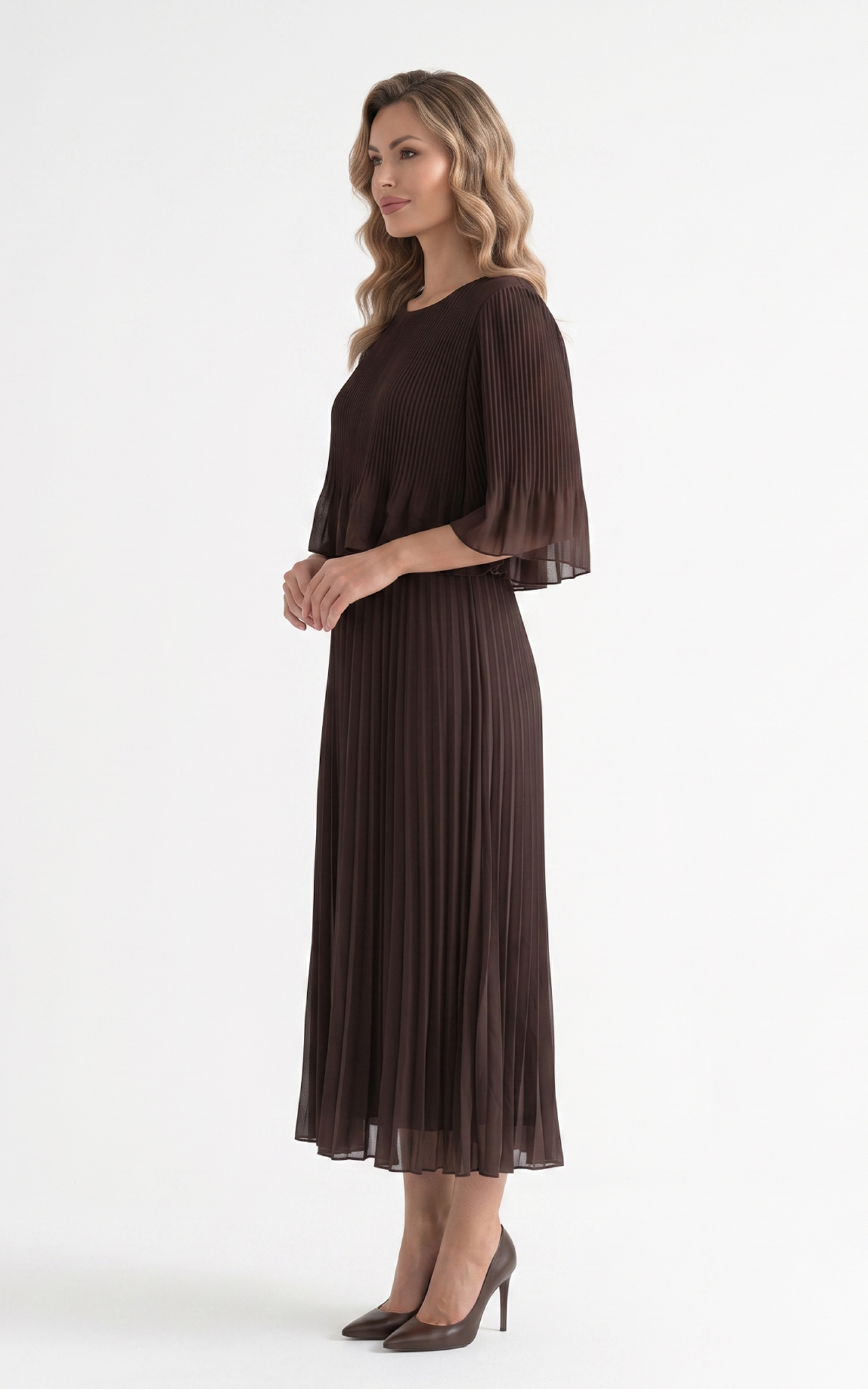 Rochie de vara, din voal vaporos cu elastic in talie Ginny midi maro-uni [4]