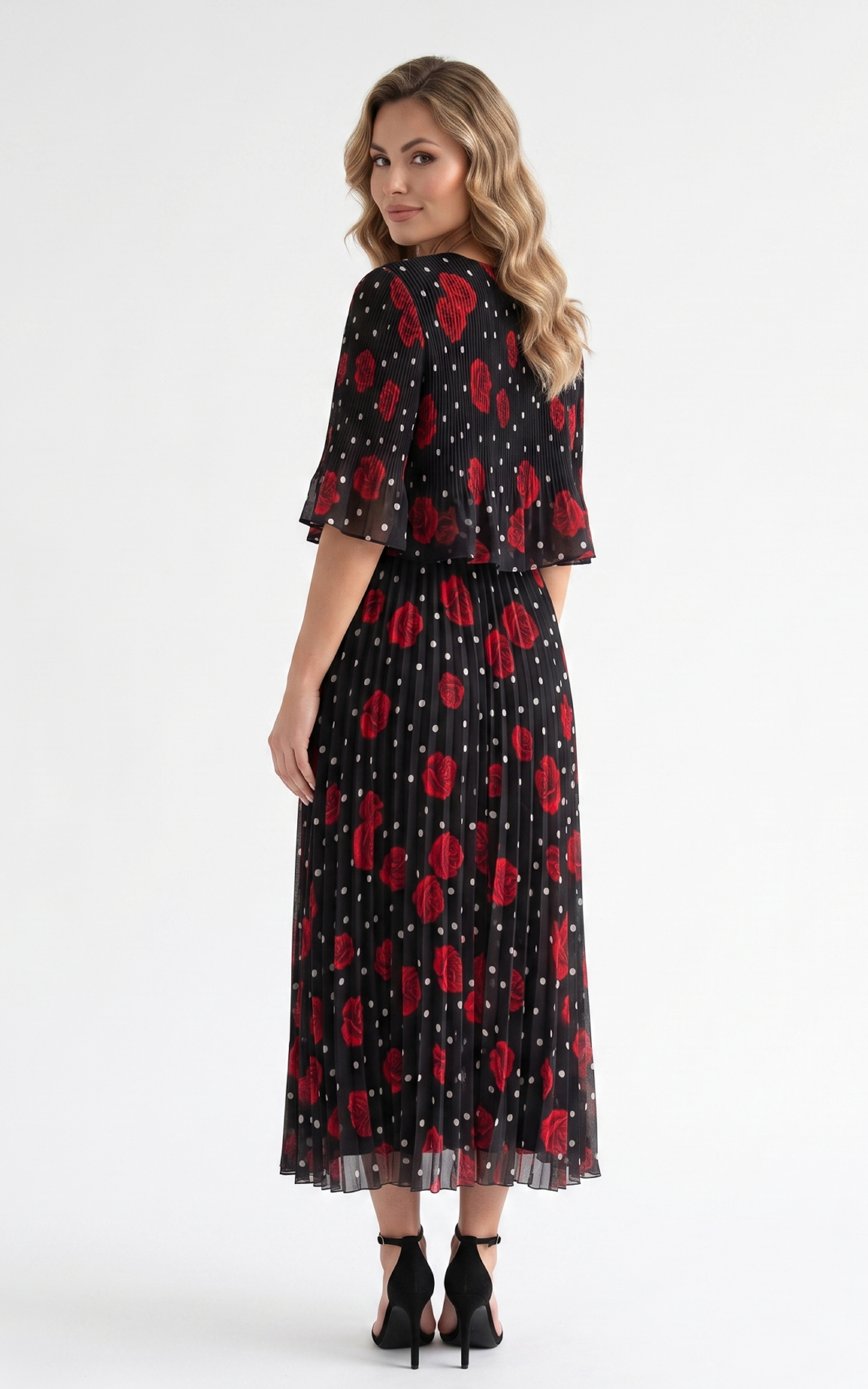 Rochie de vara, din voal vaporos cu elastic in talie Ginny midi negru cu trandafiri [3]