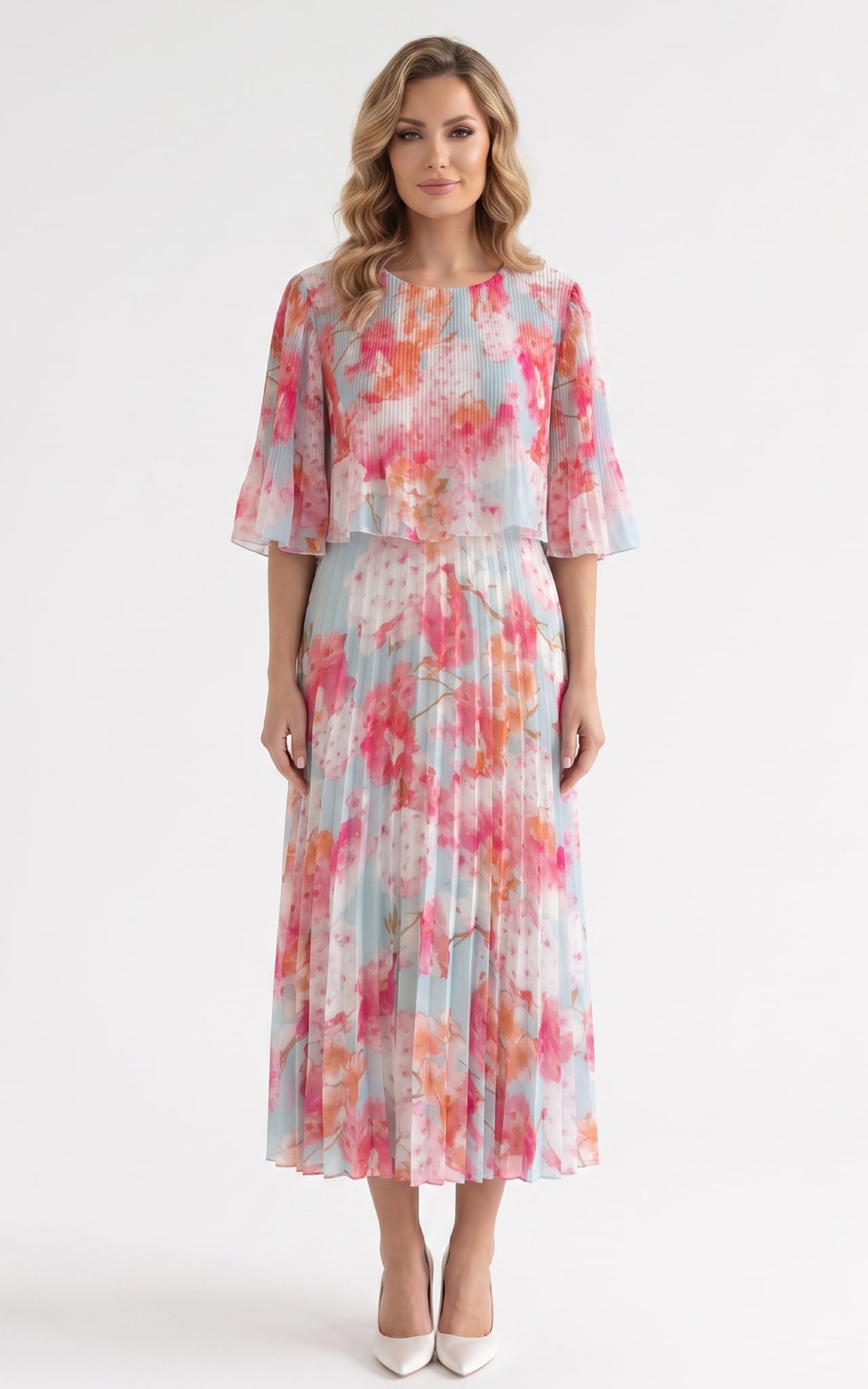 Rochii - Rochie de vara, din voal vaporos cu elastic in talie Ginny midi bleu-flori-roz