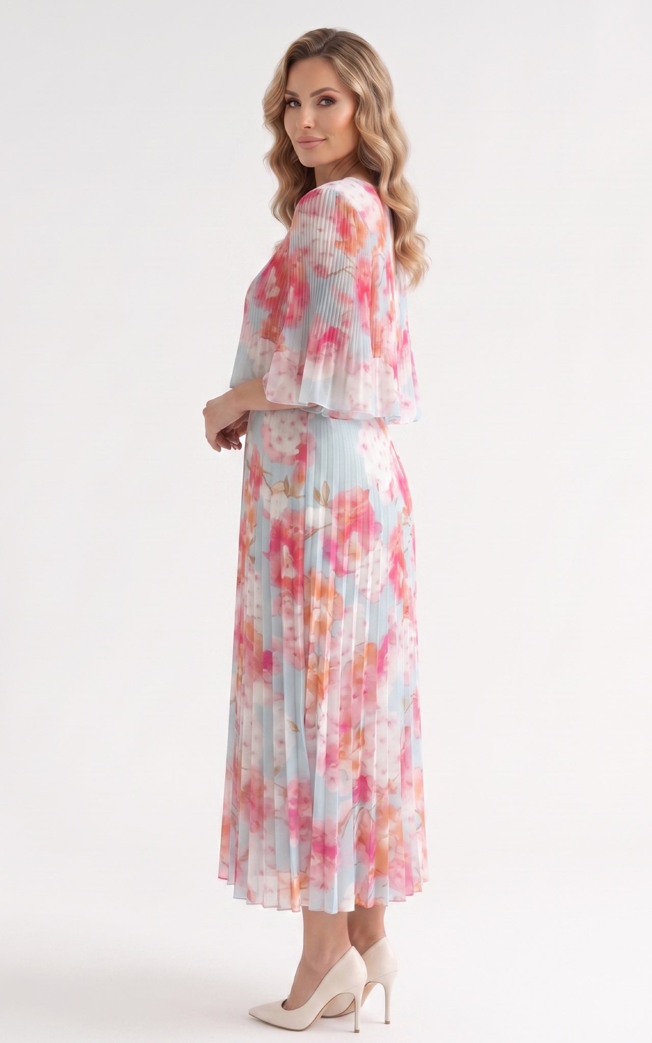 Rochie de vara, din voal vaporos cu elastic in talie Ginny midi bleu-flori-roz [2]