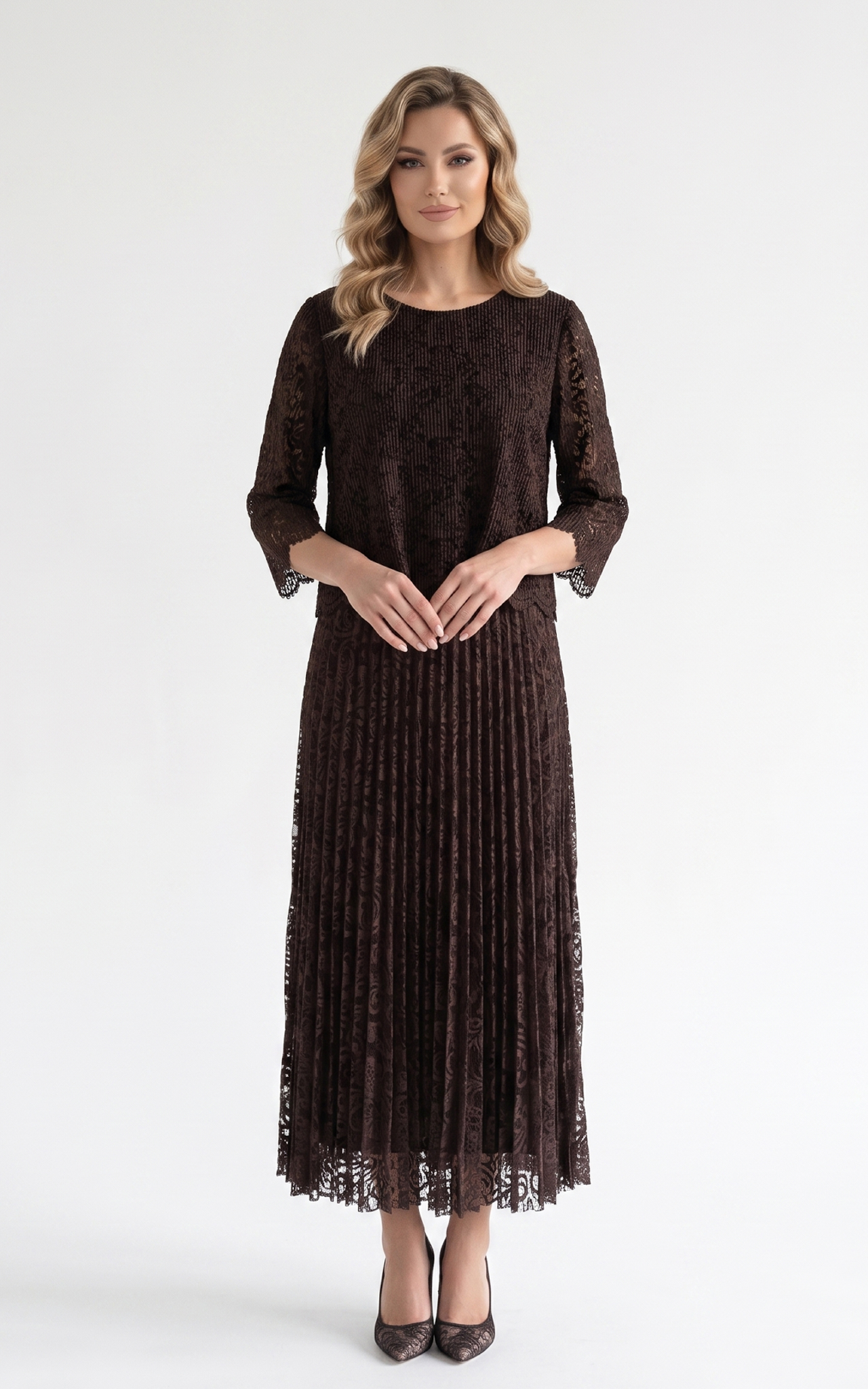 Rochie de vara, din voal vaporos cu elastic in talie Ginny midi dantela-maro [2]