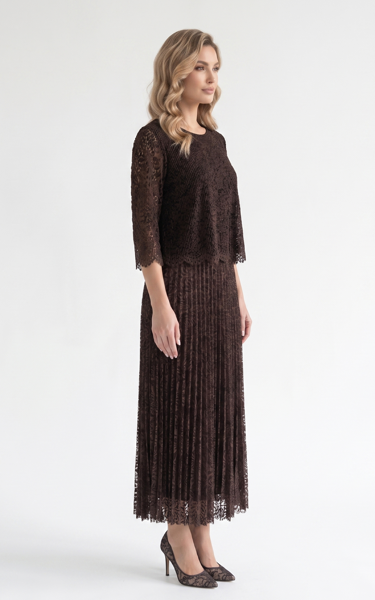 Rochie de vara, din voal vaporos cu elastic in talie Ginny midi dantela-maro [3]