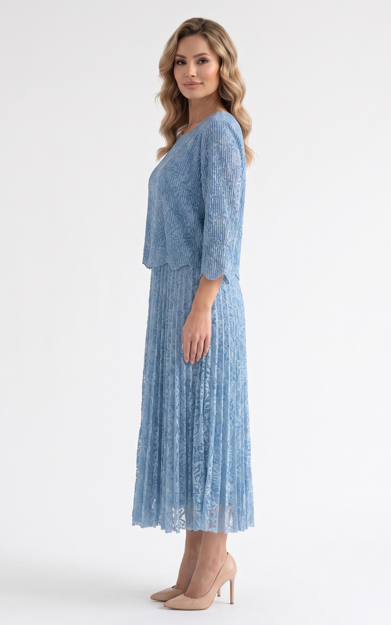 Rochie de vara, din voal vaporos cu elastic in talie Ginny midi dantela-bleu [2]