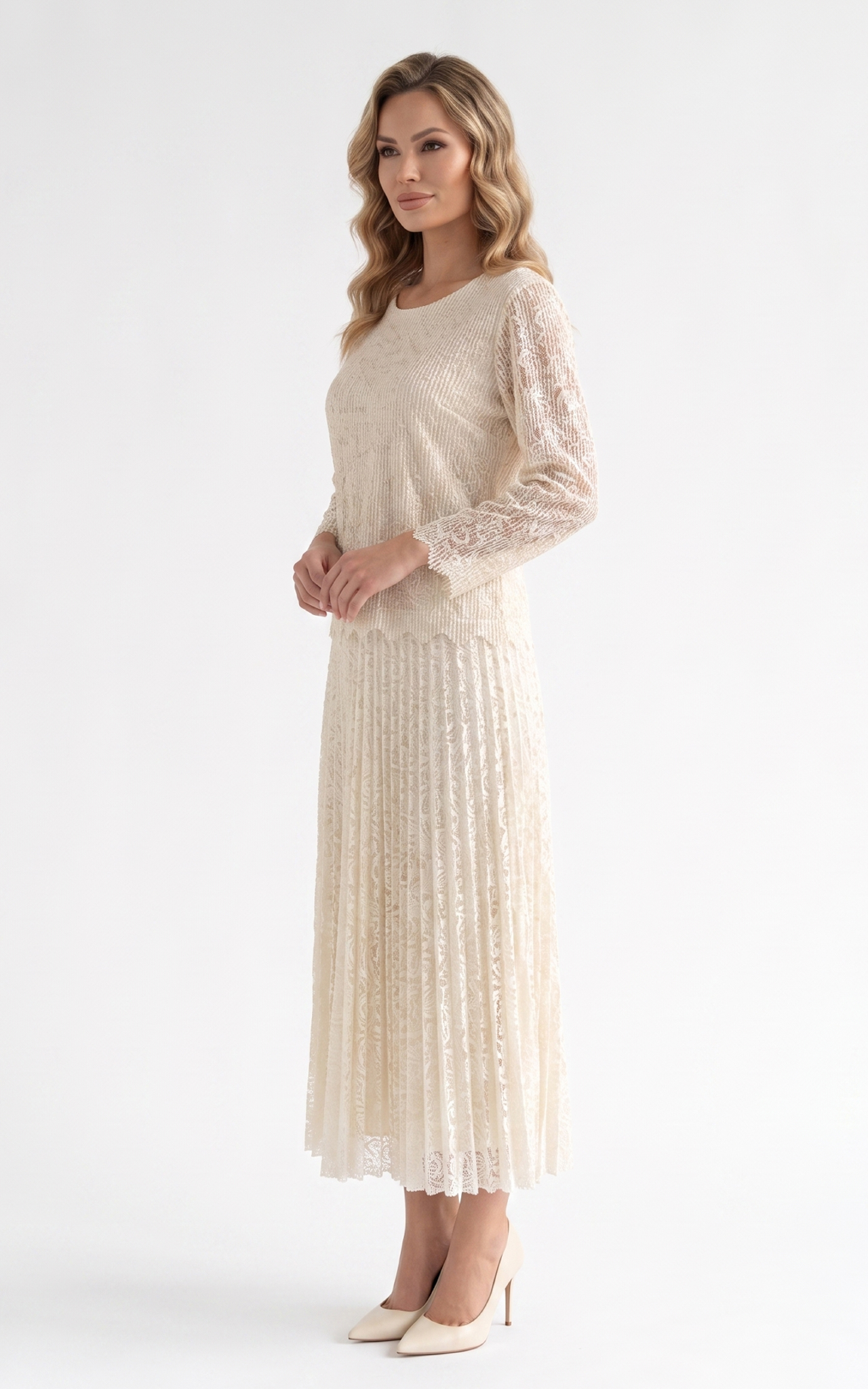 Rochie de vara, din voal vaporos cu elastic in talie Ginny midi dantela-bej [2]