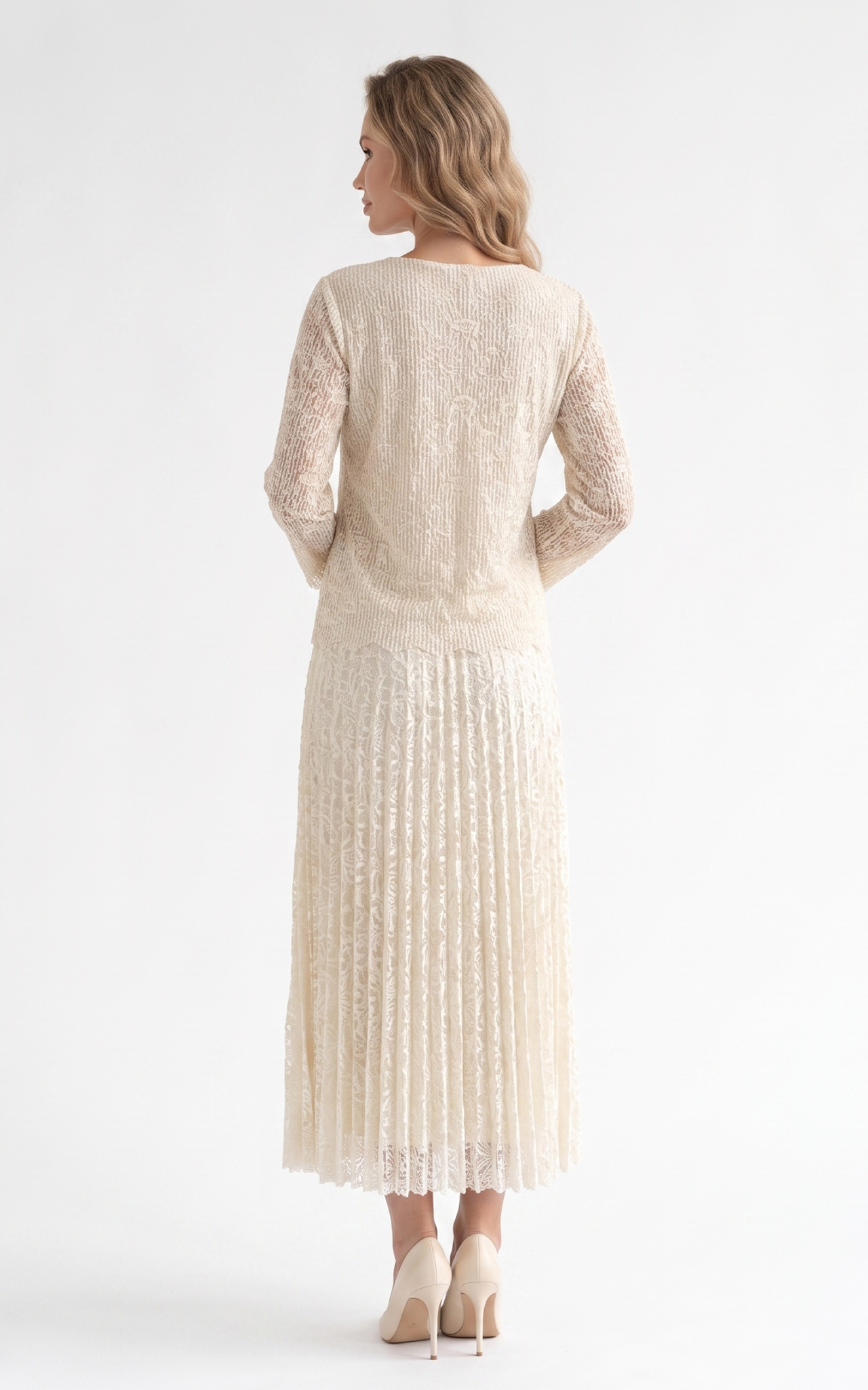 Rochie de vara, din voal vaporos cu elastic in talie Ginny midi dantela-bej [3]