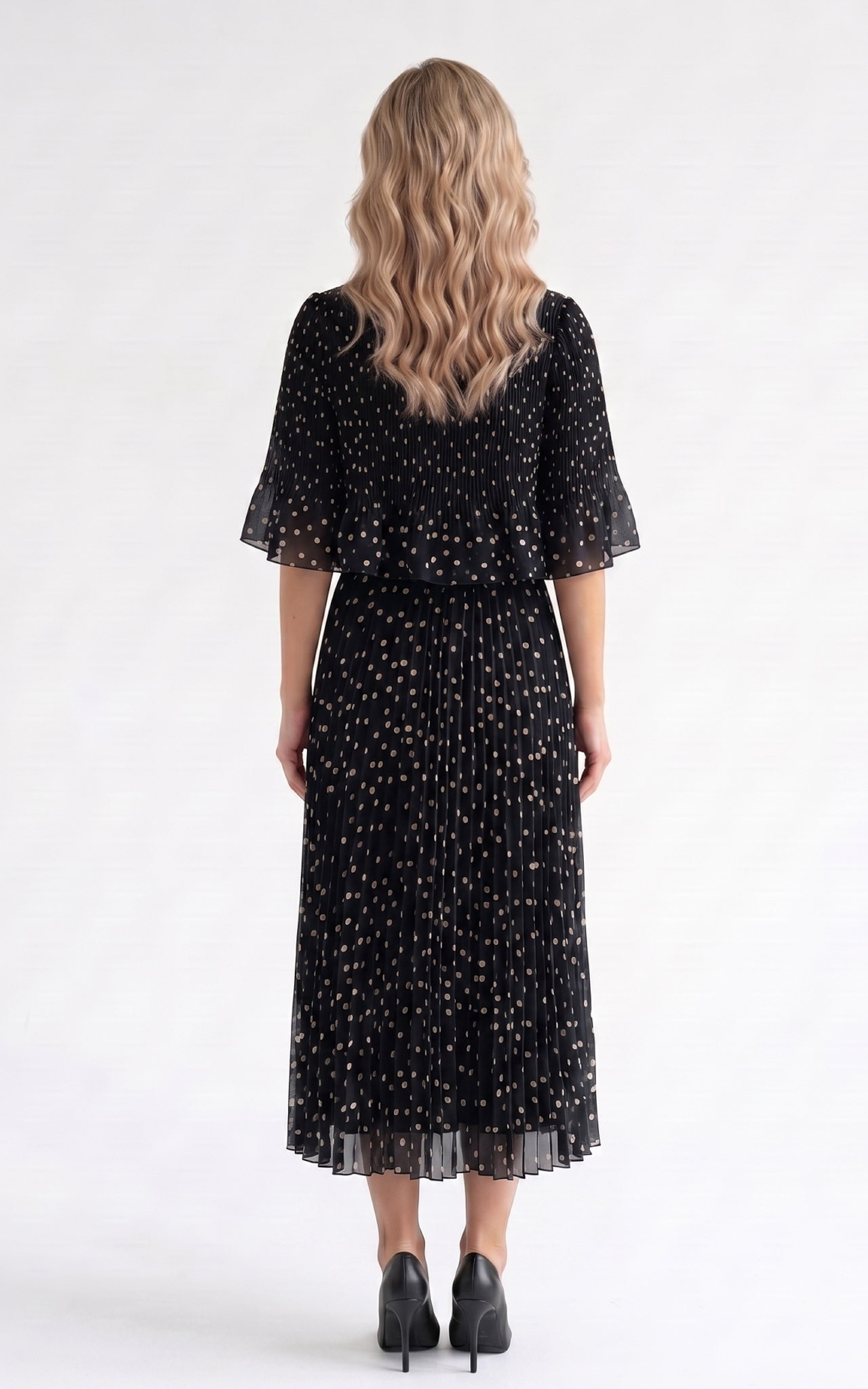 Rochie de vara, din voal vaporos cu elastic in talie Ginny midi negru-buline2 [2]