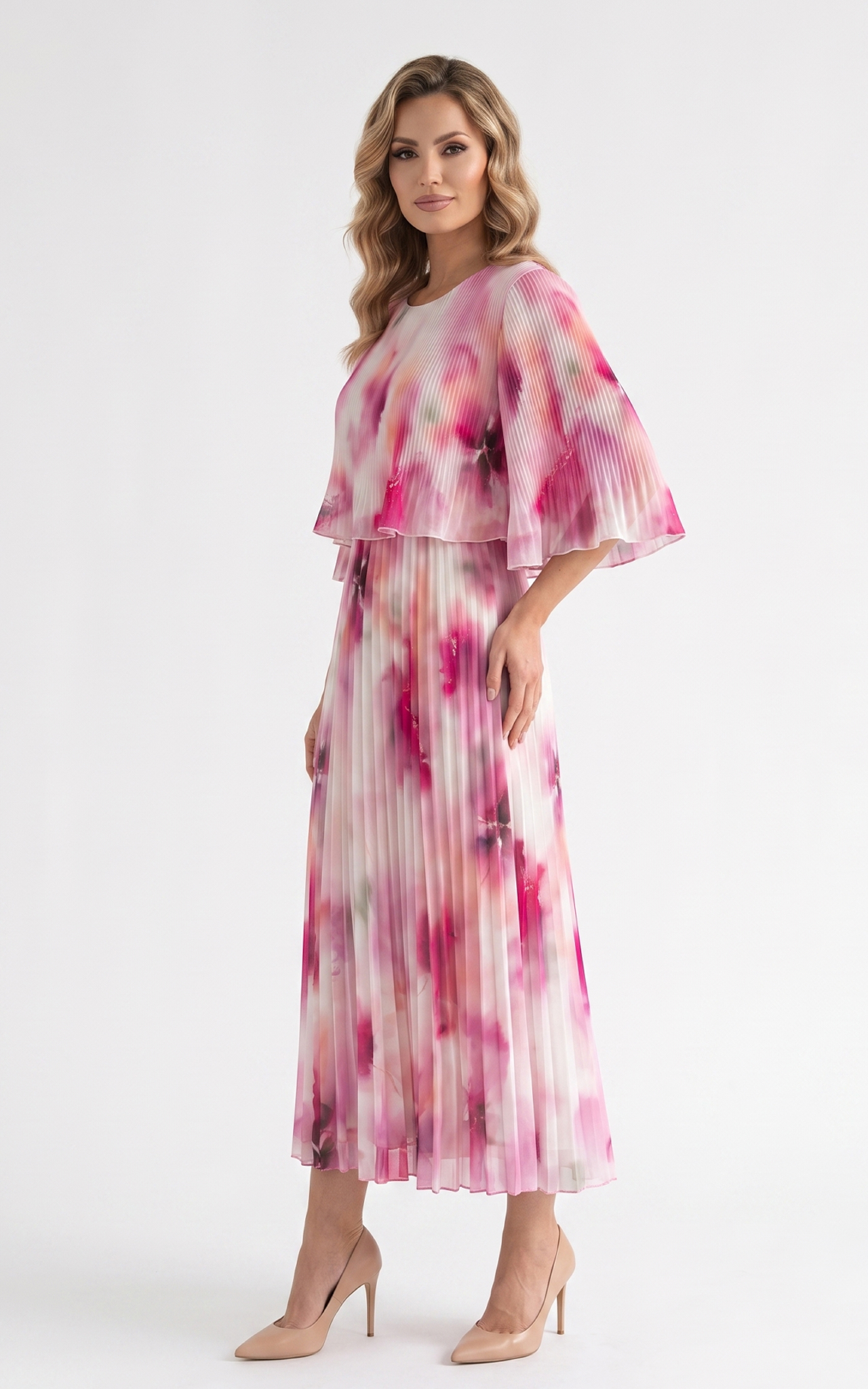 Rochie de vara, din voal vaporos cu elastic in talie Ginny midi roz pastel2 [2]