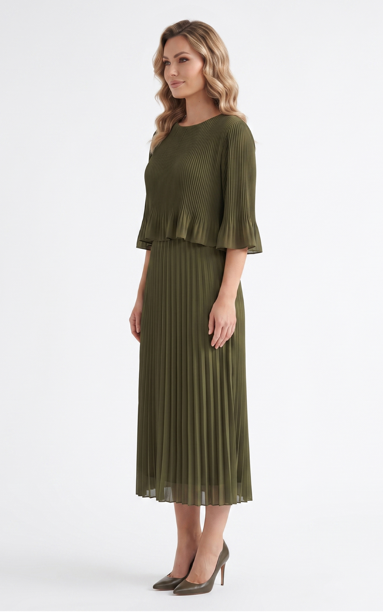 Rochie de vara, din voal vaporos cu elastic in talie Ginny midi kaki-uni [2]
