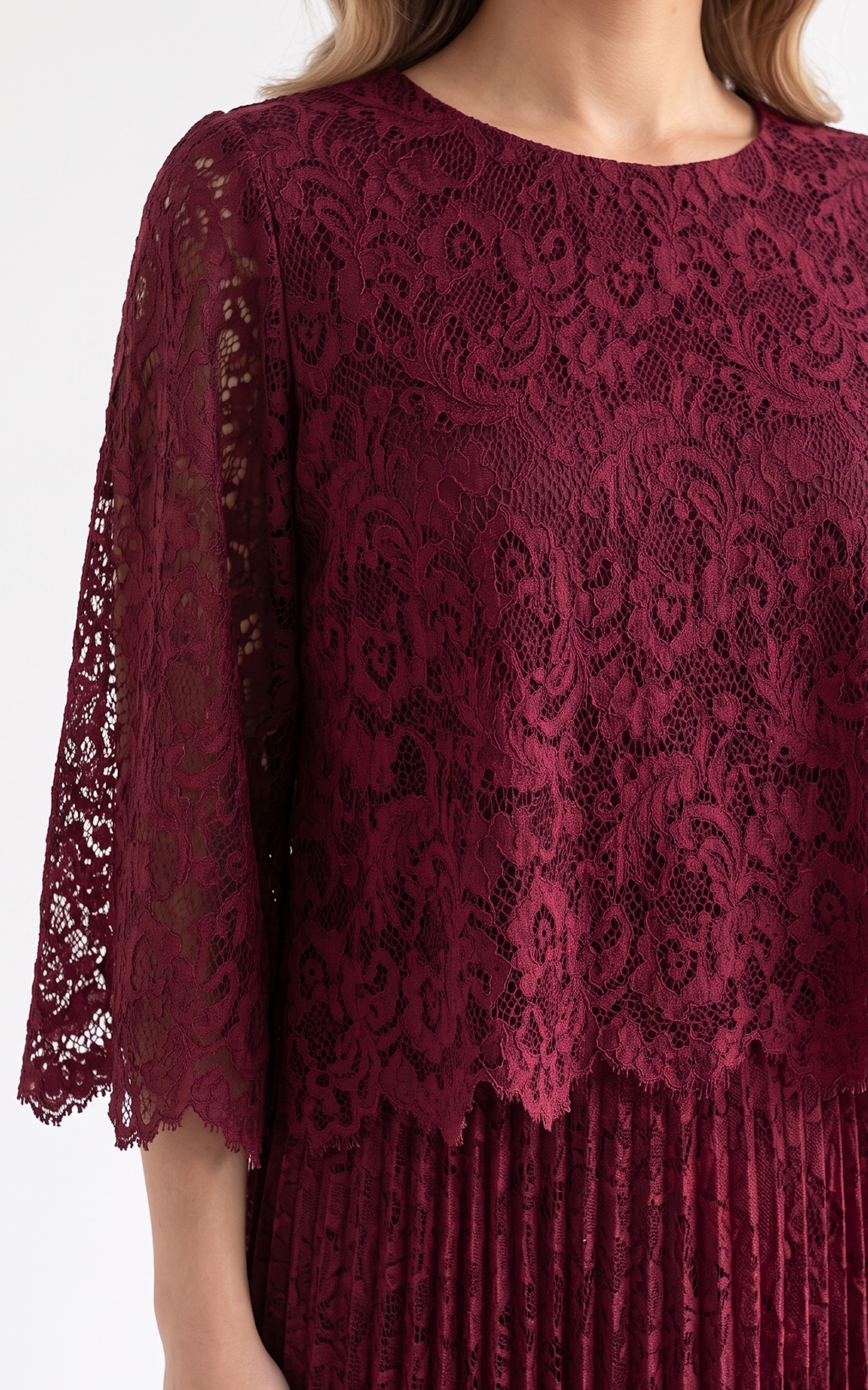 Rochie de vara, din voal vaporos cu elastic in talie Ginny midi dantela-bordo [2]
