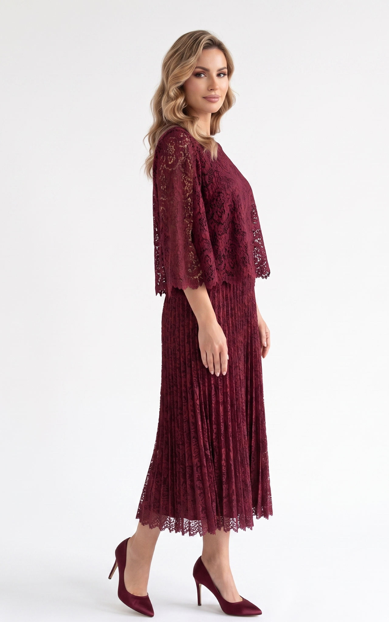 Rochie de vara, din voal vaporos cu elastic in talie Ginny midi dantela-bordo [3]