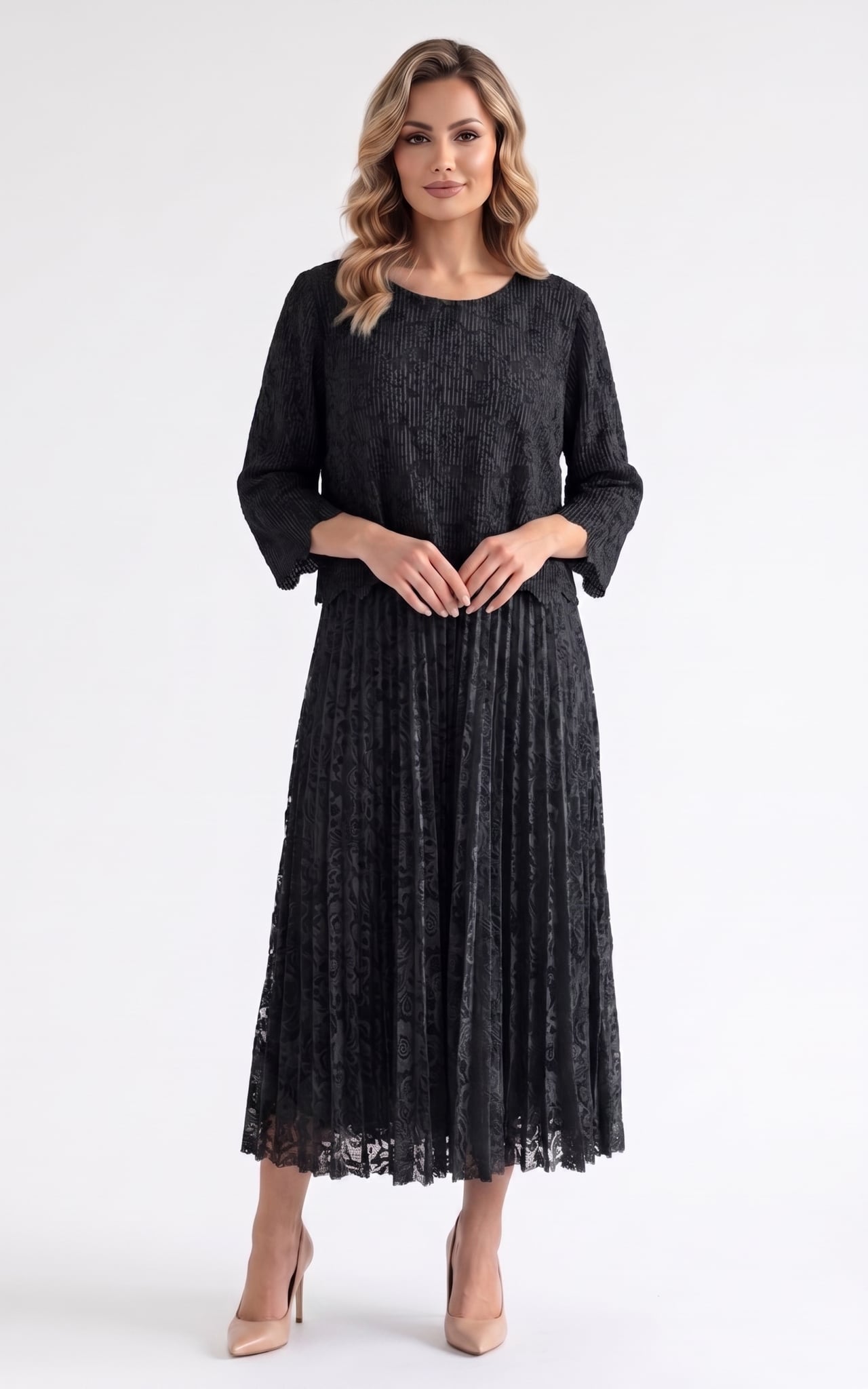 Femei - Rochie de toamnă Ginny midi dantela-neagra-uni