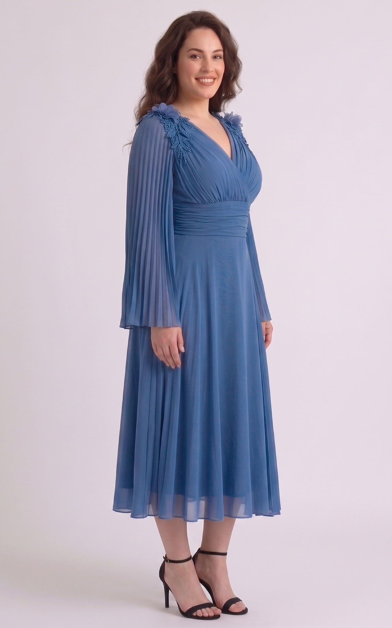 Rochie de vara, din voal vaporos cu elastic in talie Anouk midi albastra [3]