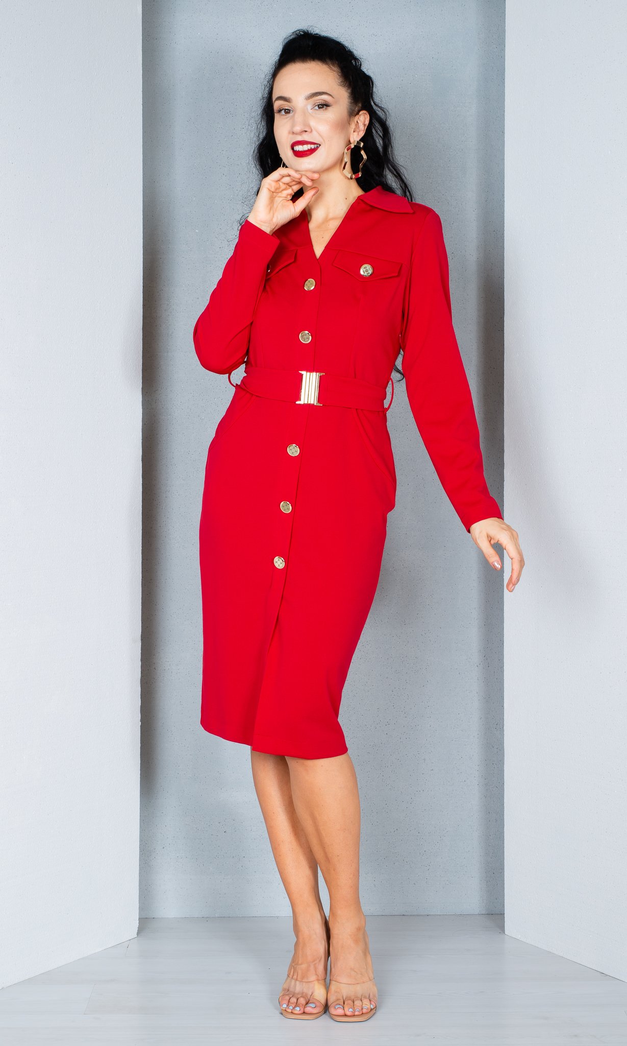 Rochii de banchet - Rochie Coral midi rosie