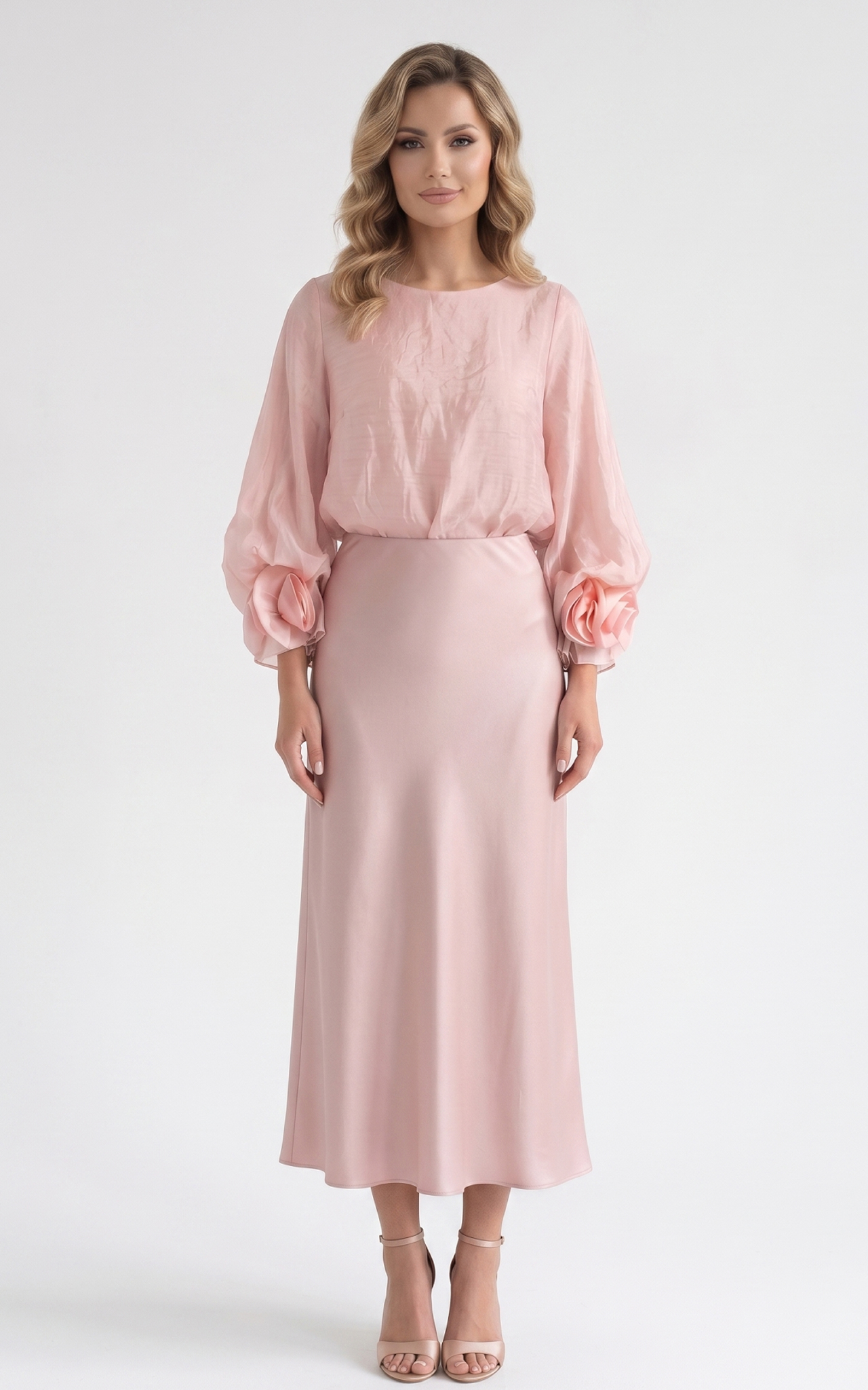 Fusta din satin subtire Gracen midi pudra [2]