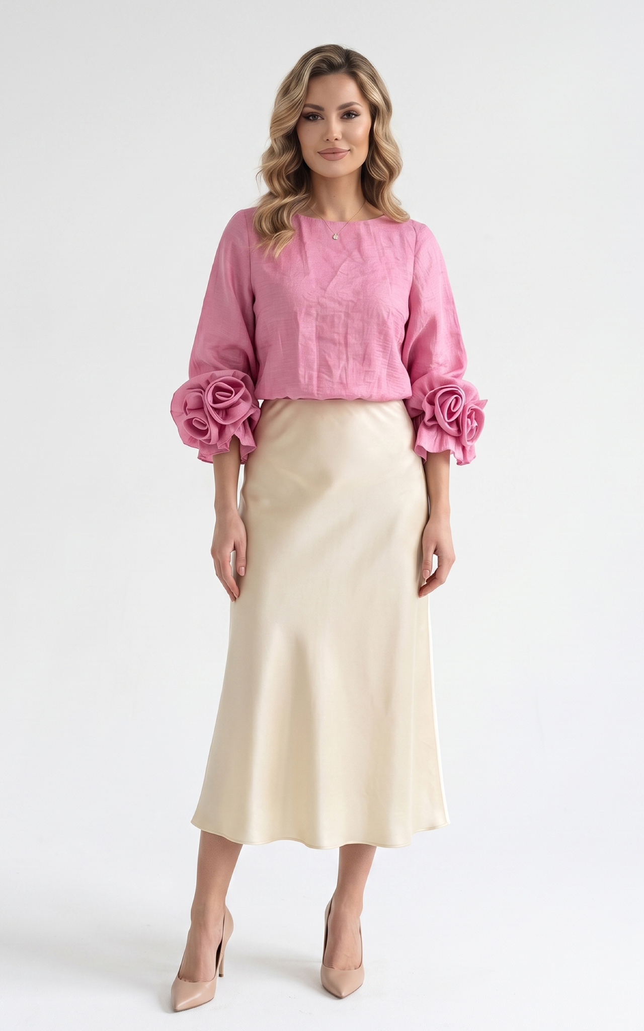 Fusta din satin subtire Gracen midi vanilie [2]