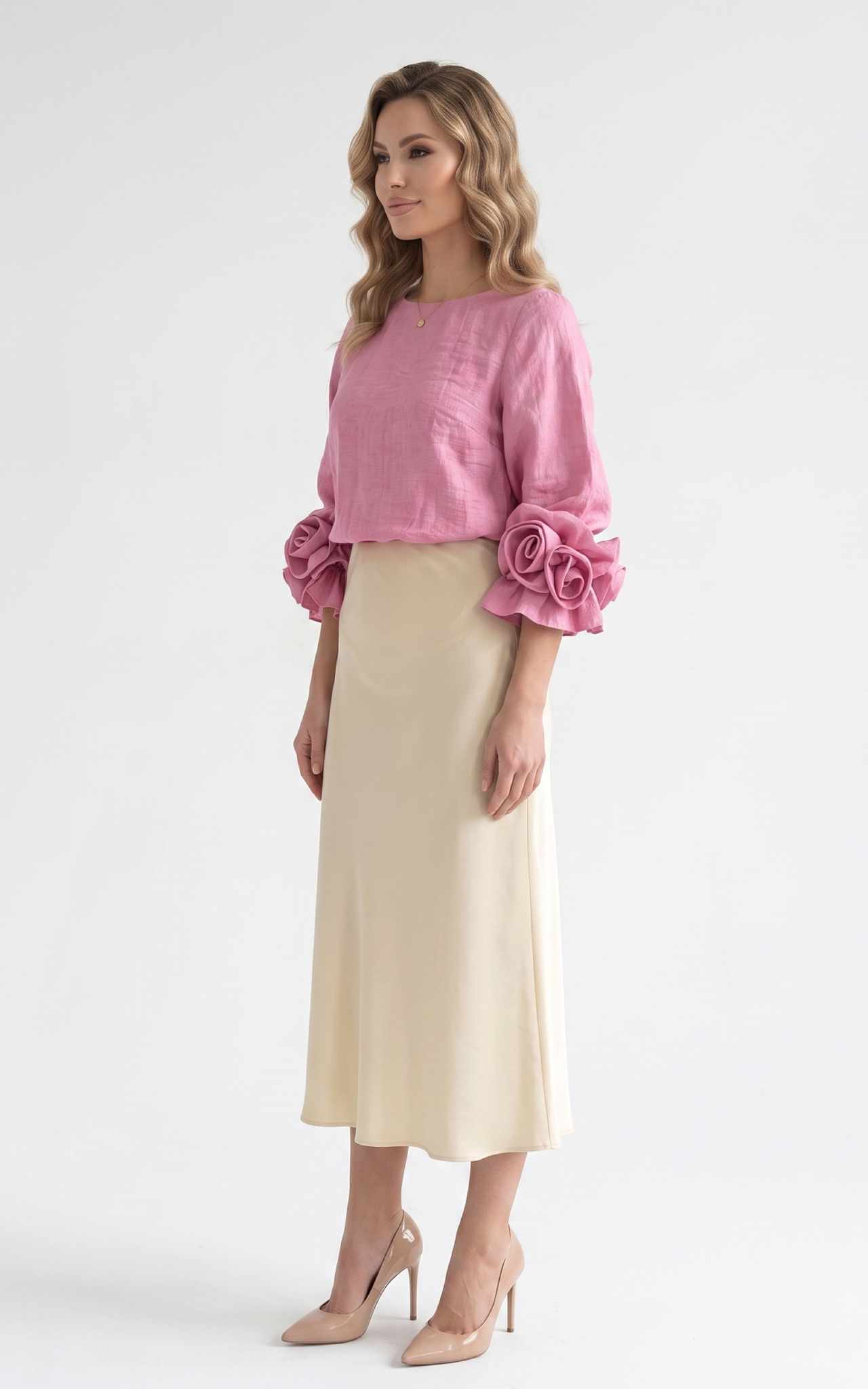Fusta din satin subtire Gracen midi vanilie [3]