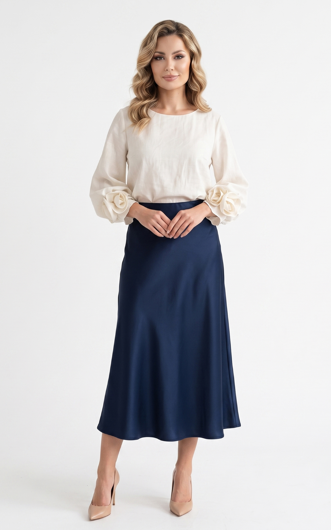 Fusta din satin subtire Gracen midi bleumarin [2]