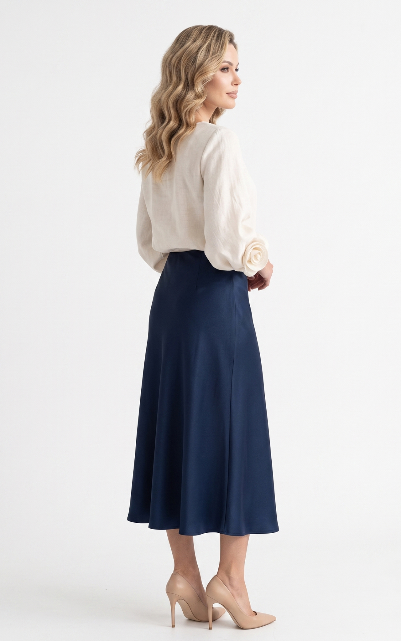 Fusta din satin subtire Gracen midi bleumarin [3]