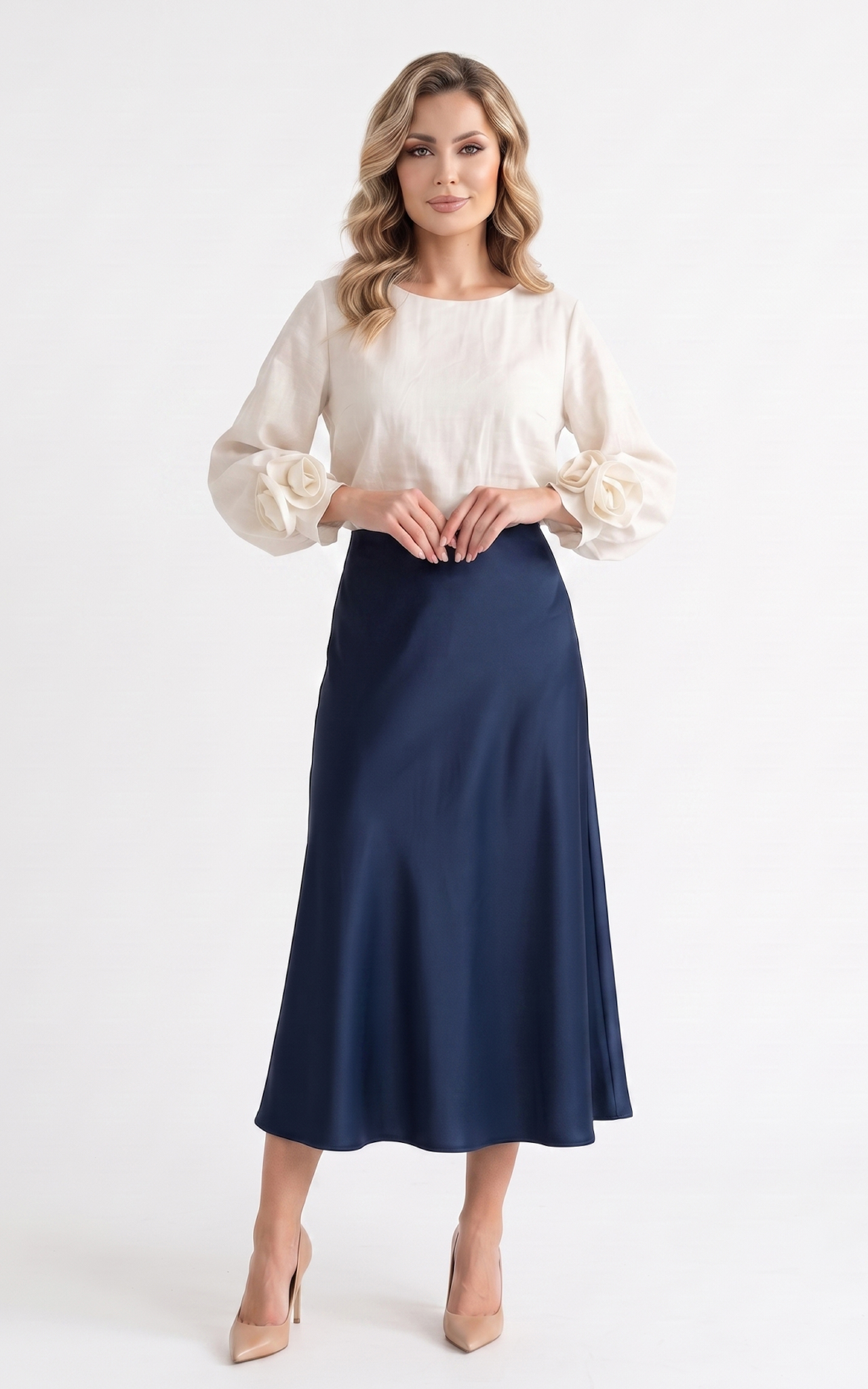 Fusta din satin subtire Gracen midi bleumarin [4]