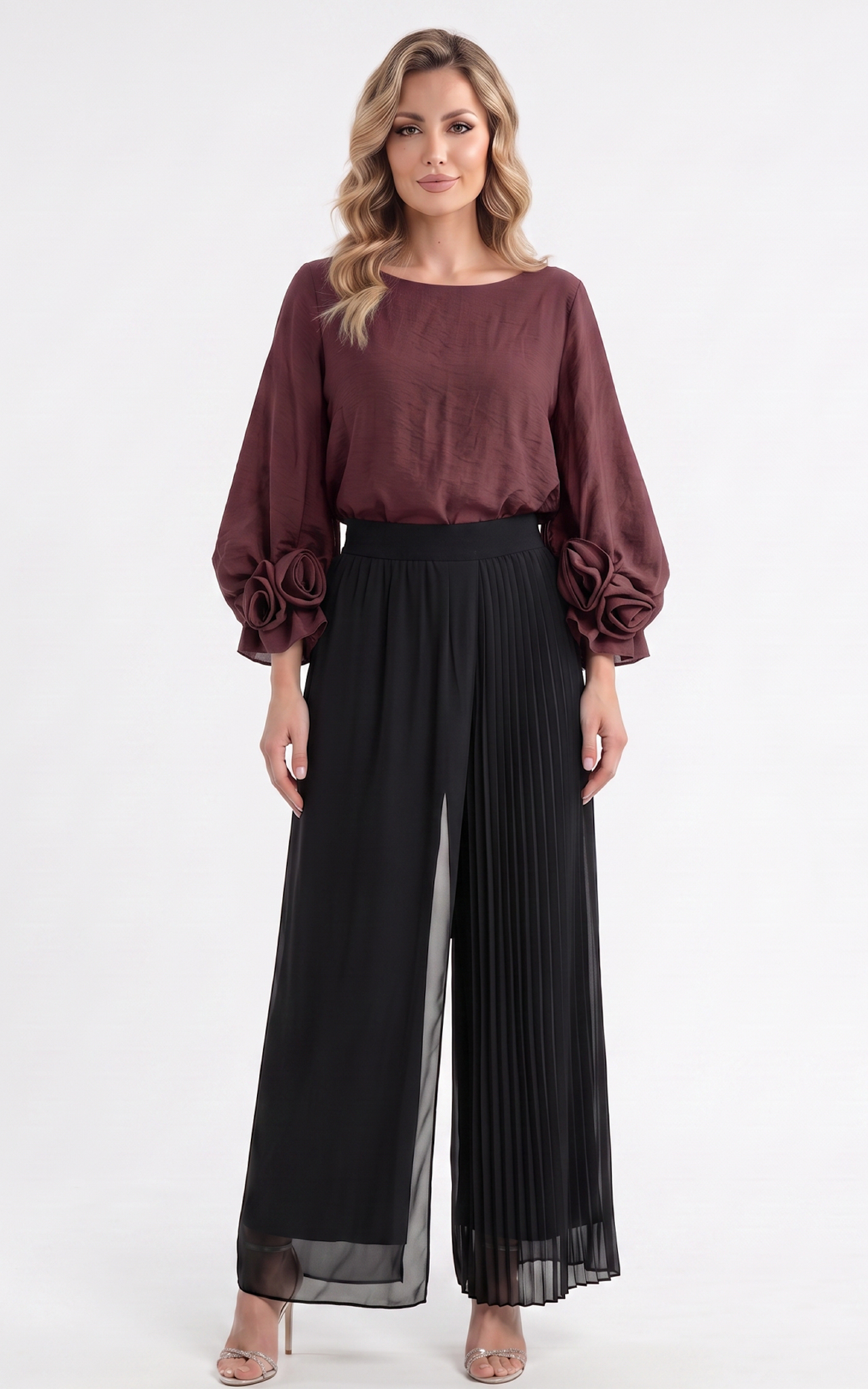 Bluza de vara, din voal vaporos cu elastic in talie Genevie bordo [2]