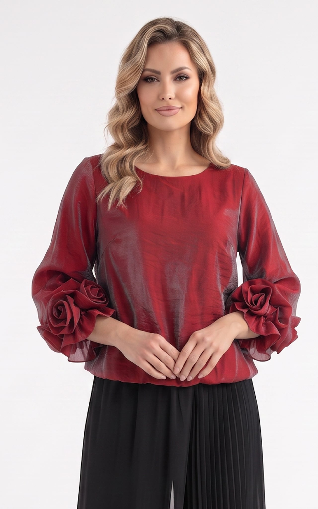 Femei - Bluza de toamnă din batist elegant cu trandafiri Genevie rosu-sidef