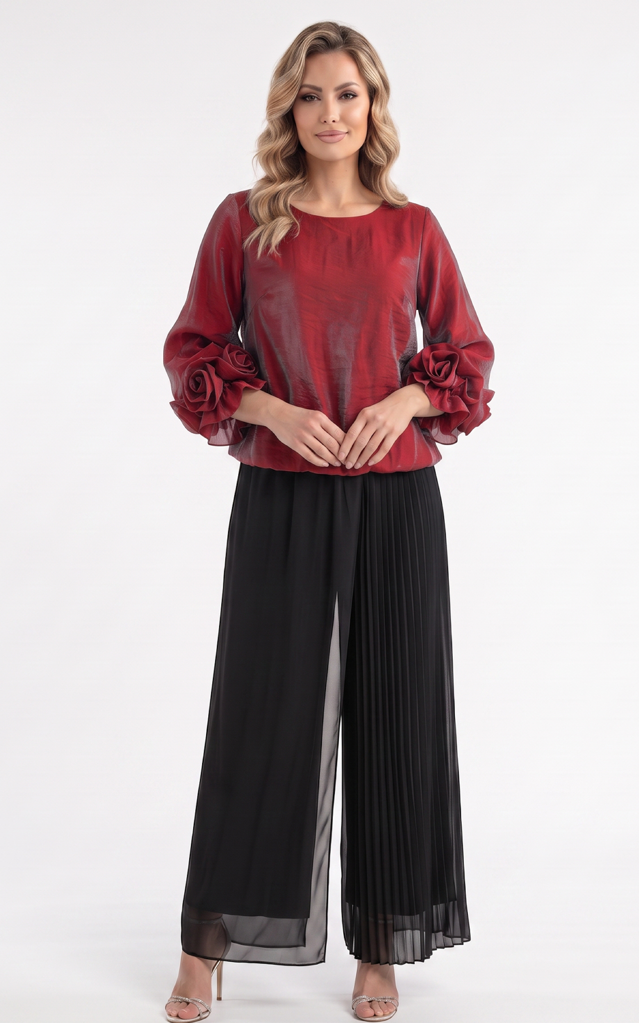 Bluza din batist cu trandafiri Genevie rosu-sidef [2]