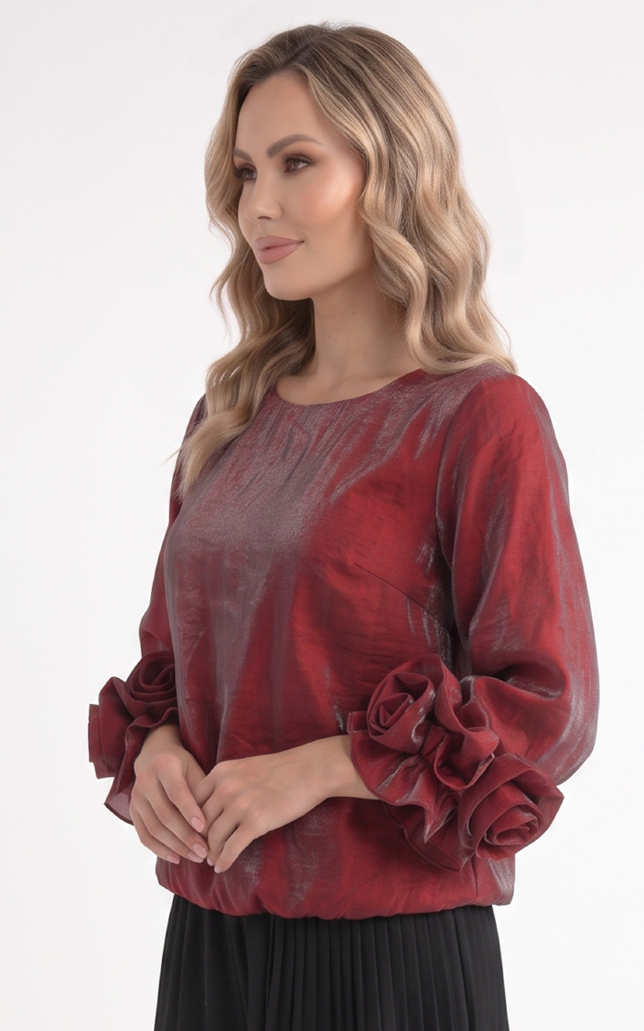 Bluza de vara, din voal vaporos cu elastic in talie Genevie rosu-sidef [5]