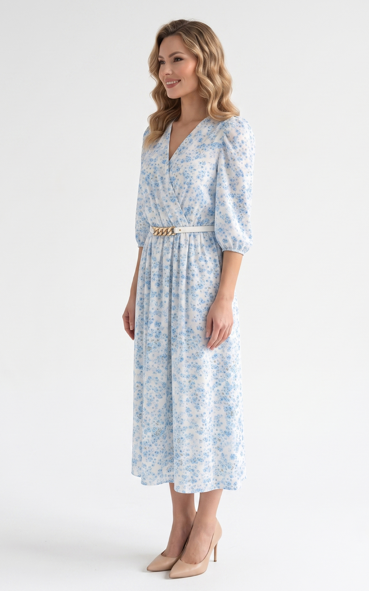 Rochie de vara, din satin subtire cu elastic in talie Hayes midi floricele bleu [2]