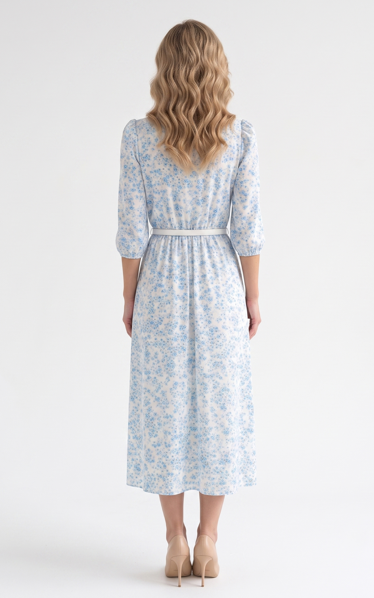 Rochie de vara, din satin subtire cu elastic in talie Hayes midi floricele bleu [3]