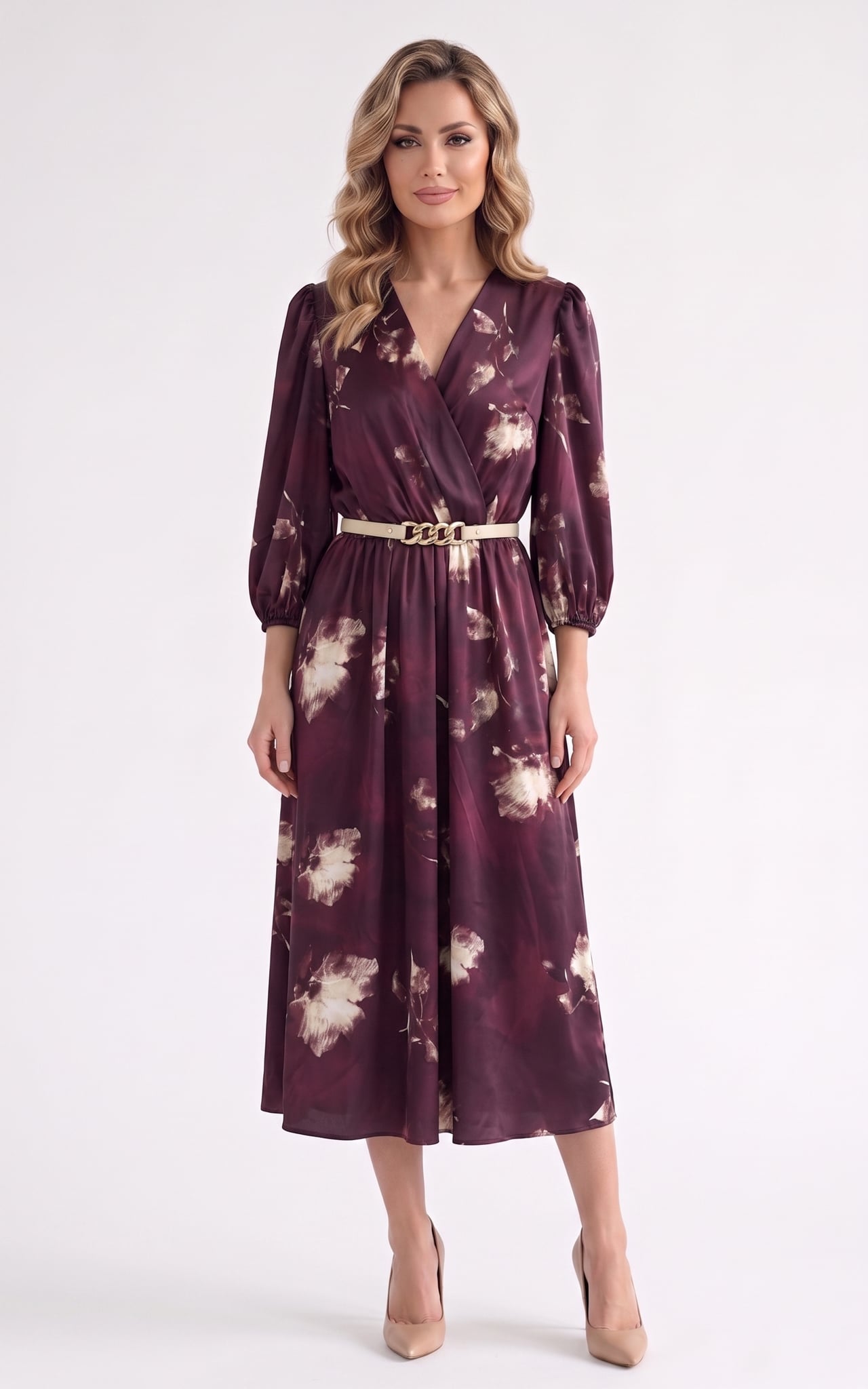 Rochii - Rochie de vara, din satin subtire cu elastic in talie Hayes midi bordo
