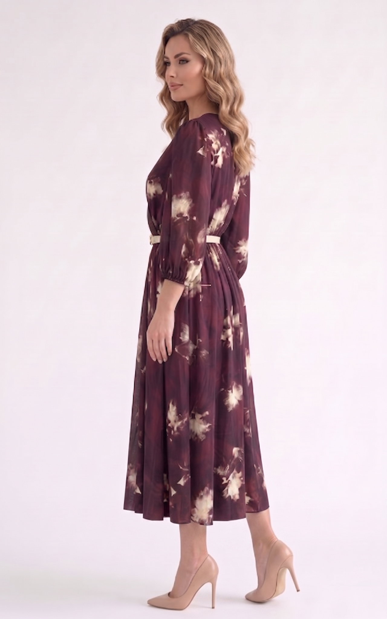 Rochie de vara, din satin subtire cu elastic in talie Hayes midi bordo [2]