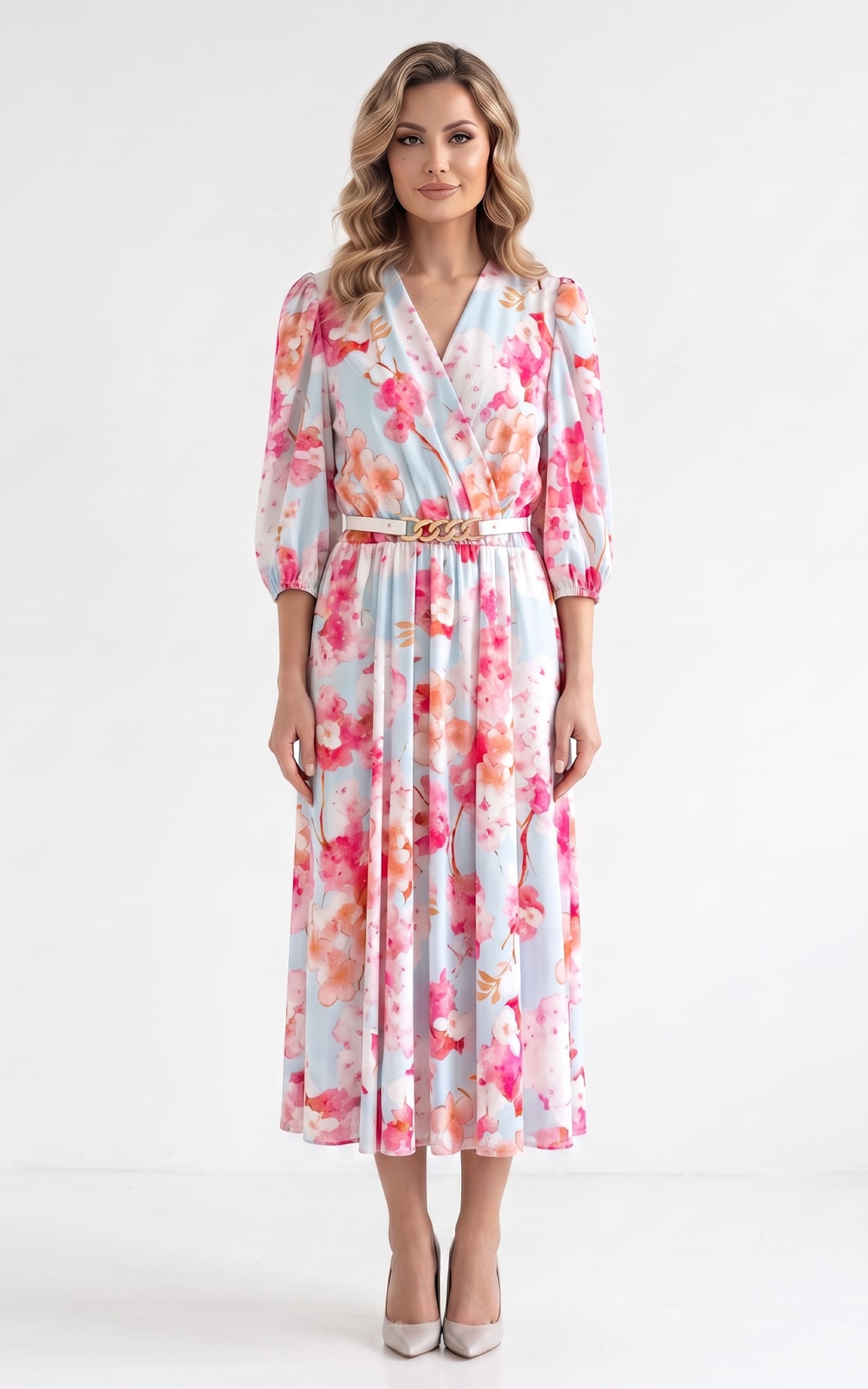 Rochii - Rochie de vara, din satin subtire cu elastic in talie Hayes midi bleu-flori-roz
