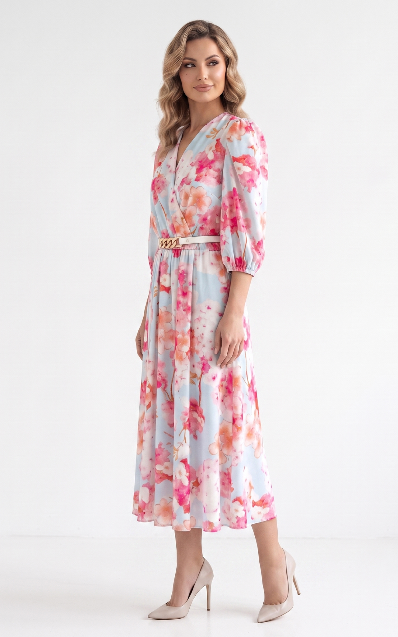 Rochie de vara, din satin subtire cu elastic in talie Hayes midi bleu-flori-roz [2]
