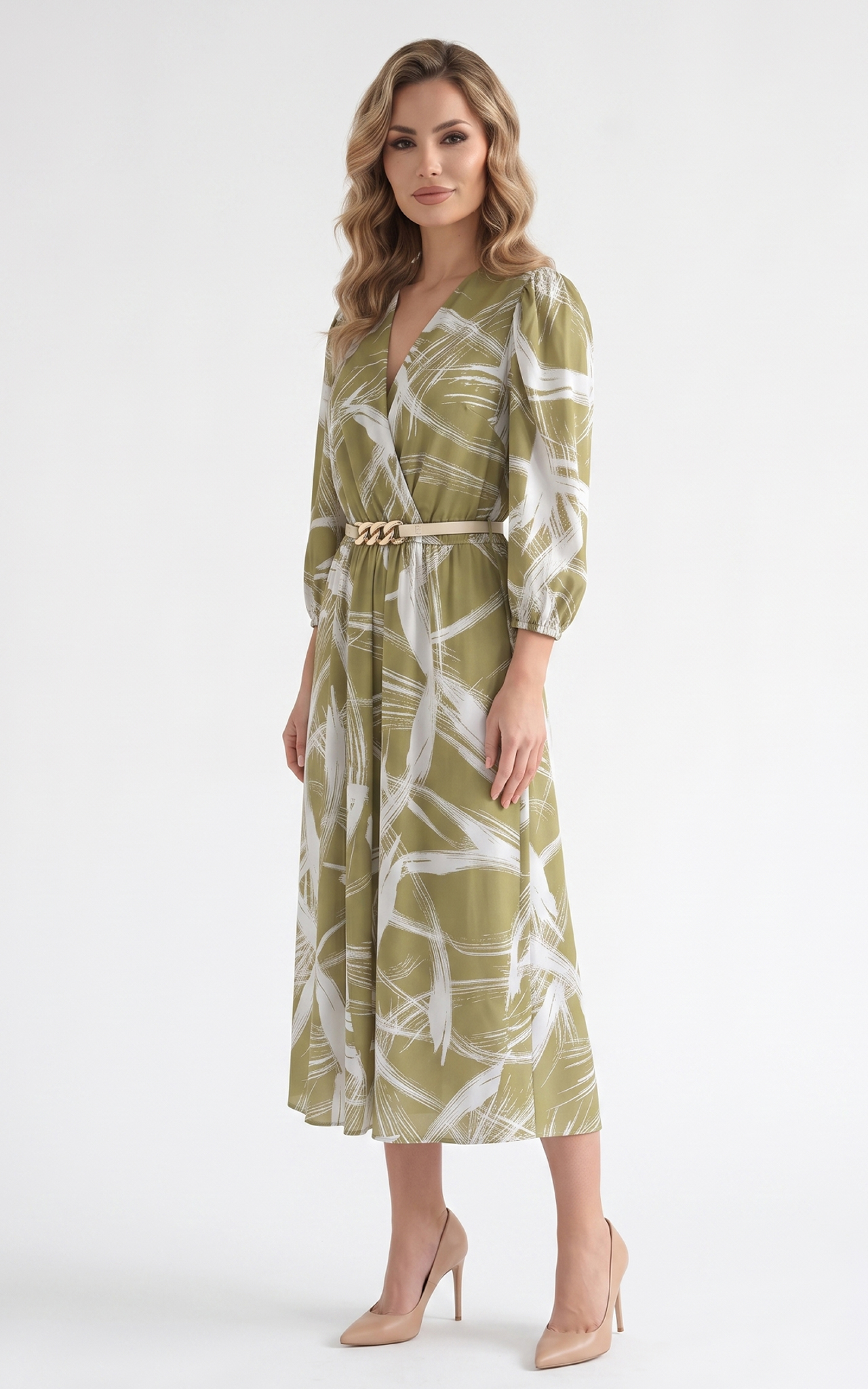 Rochie de vara, din satin subtire cu elastic in talie Hayes midi olive1 [2]