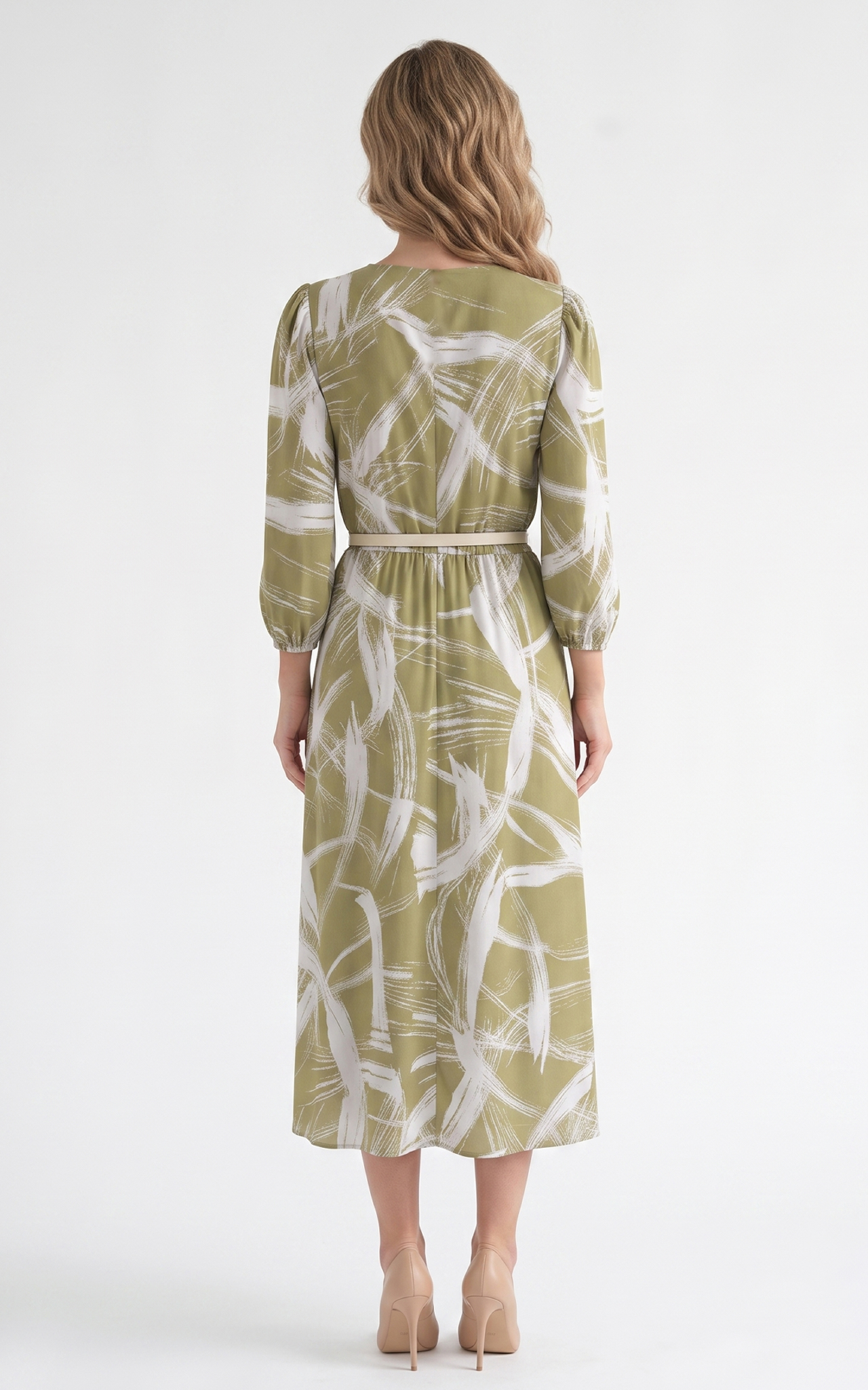Rochie de vara, din satin subtire cu elastic in talie Hayes midi olive1 [3]