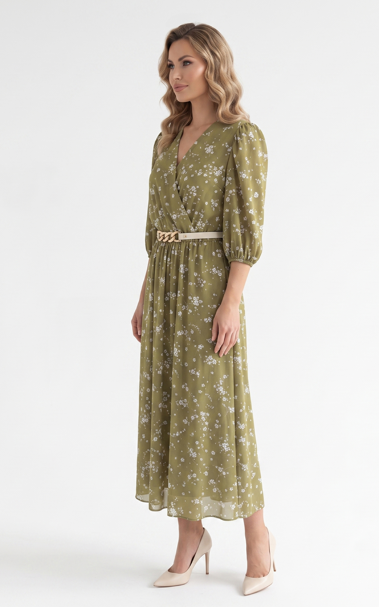 Rochie de vara, din satin subtire cu elastic in talie Hayes midi olive2 [2]