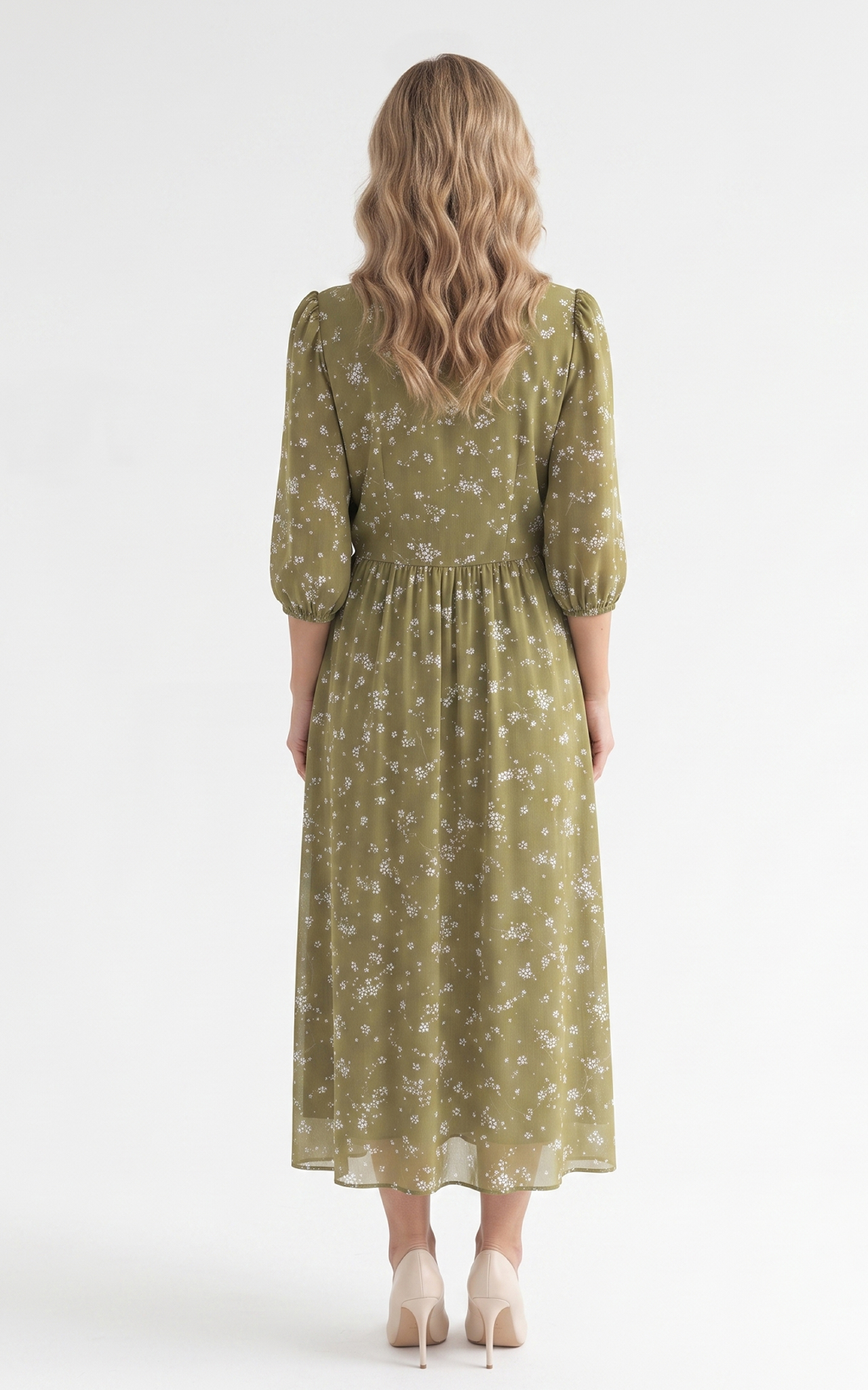 Rochie de vara, din satin subtire cu elastic in talie Hayes midi olive2 [3]