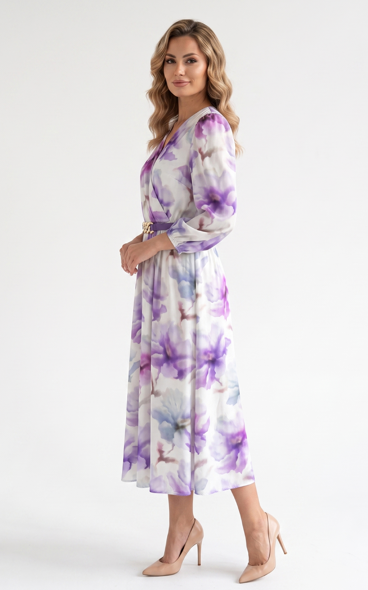 Rochie de vara, din satin subtire cu elastic in talie Hayes midi mov [2]