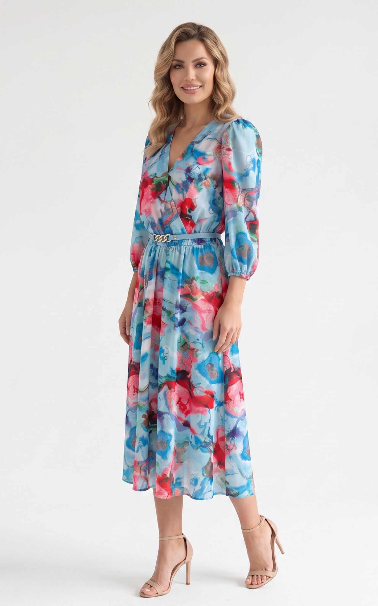 Rochie de vara, din satin subtire cu elastic in talie Hayes midi albastra [2]