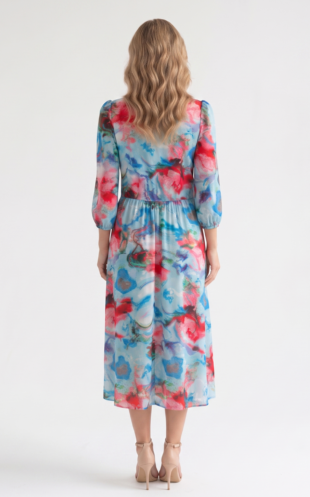 Rochie de vara, din satin subtire cu elastic in talie Hayes midi albastra [4]