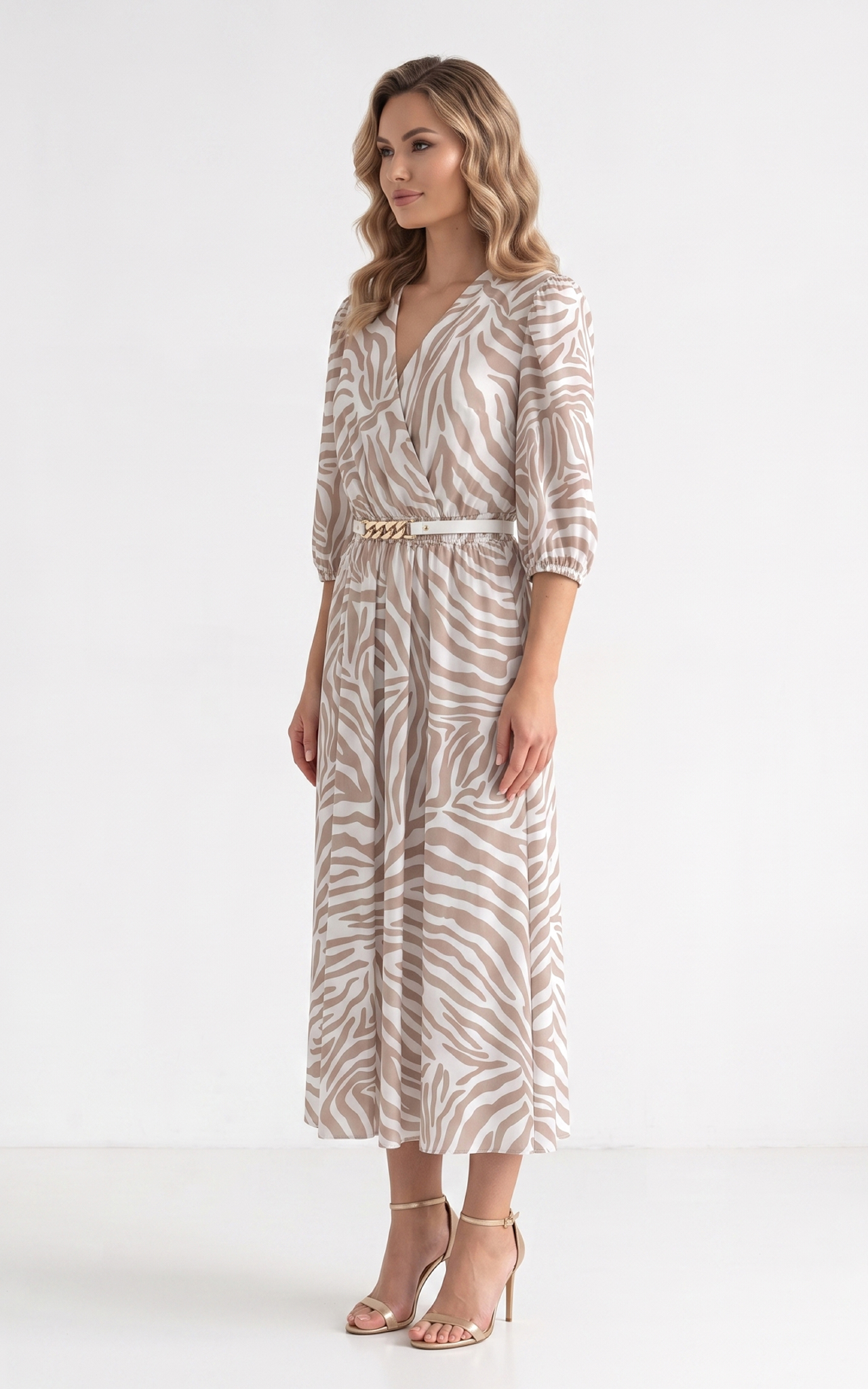 Rochie de vara, din satin subtire cu elastic in talie Hayes midi bej [2]