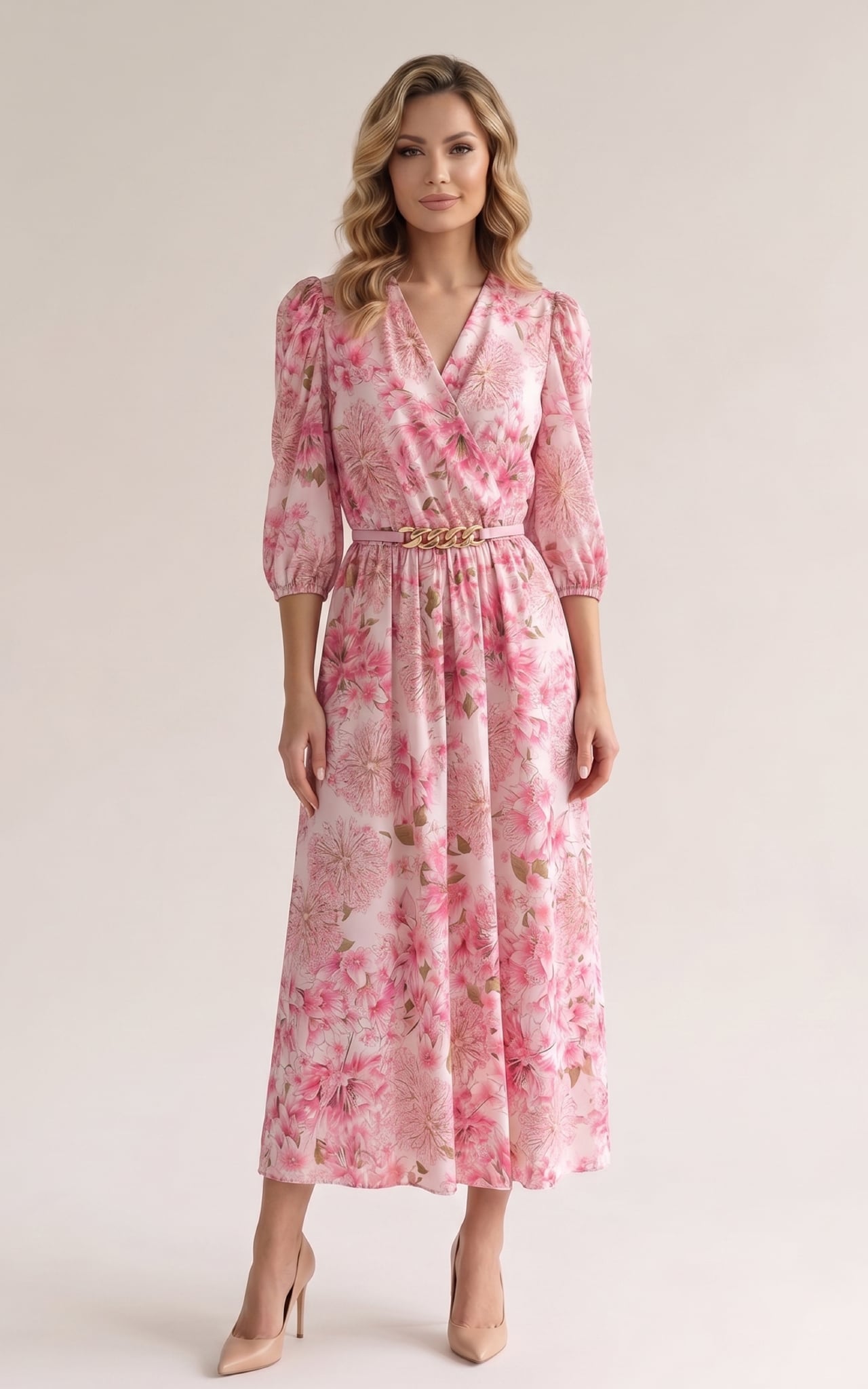 Rochii cununie civila - Rochie de vara, din satin subtire cu elastic in talie Hayes midi roz