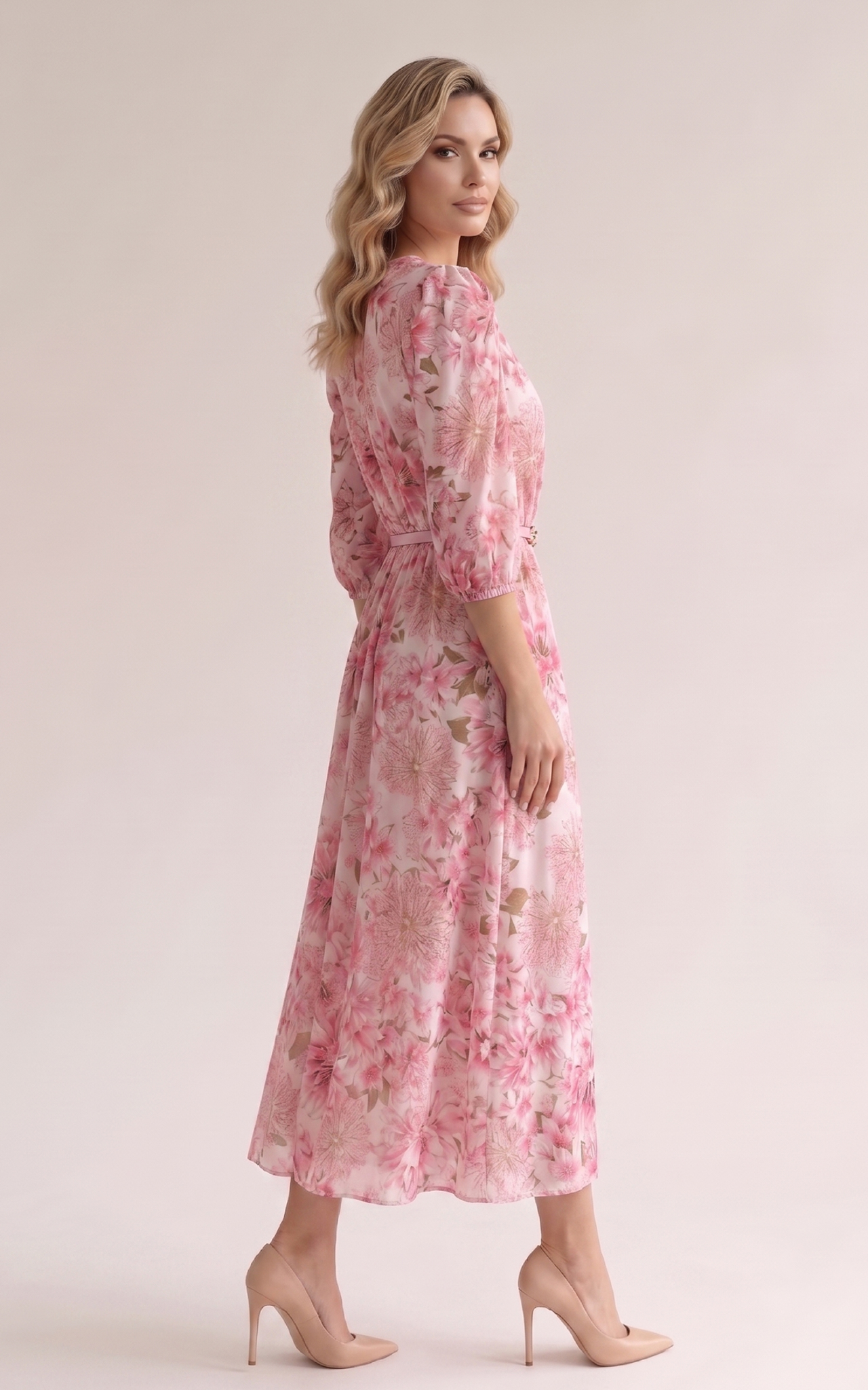 Rochie de vara, din satin subtire cu elastic in talie Hayes midi roz [2]
