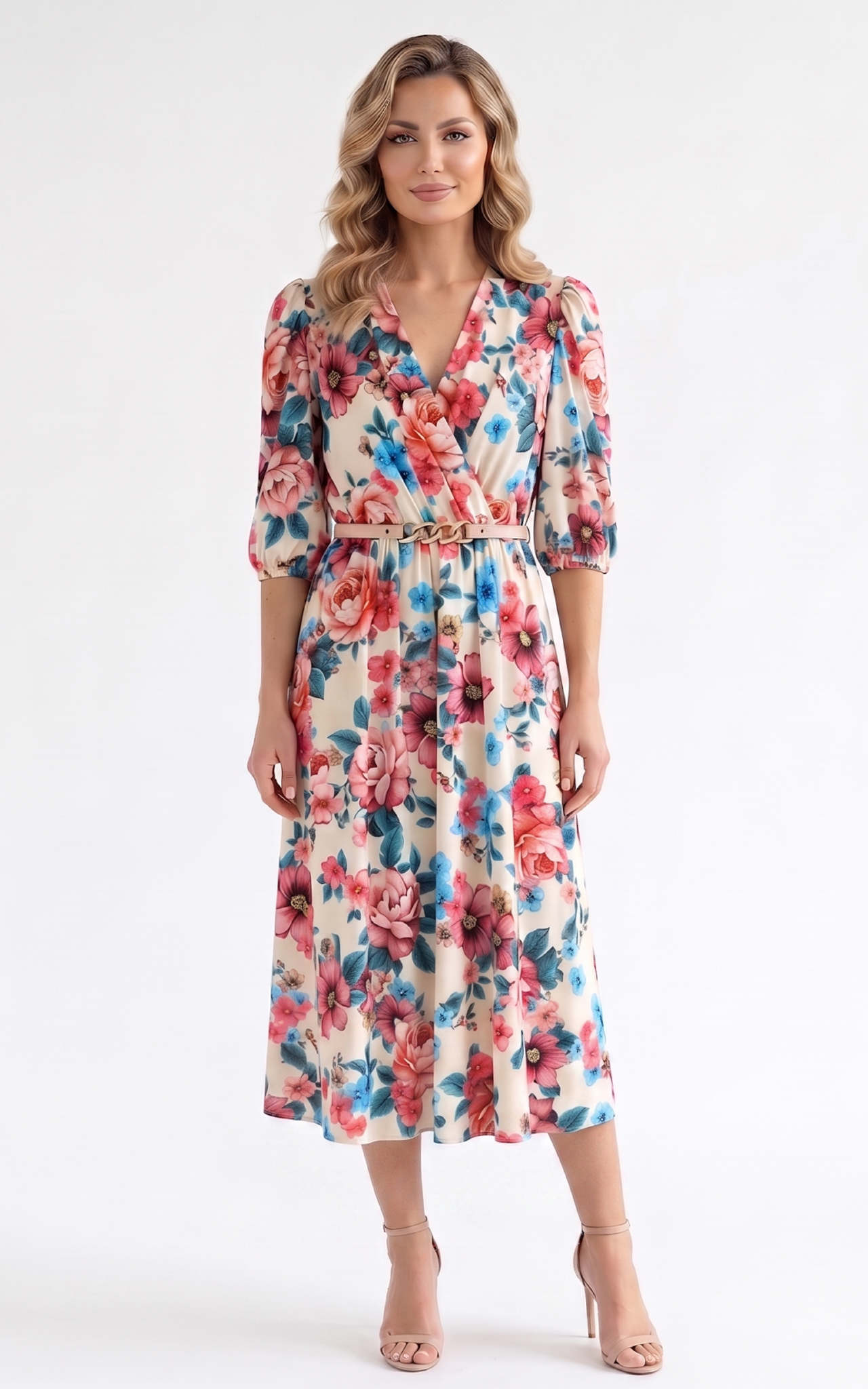 Rochie de vara, din satin subtire cu elastic in talie Hayes midi crem [2]