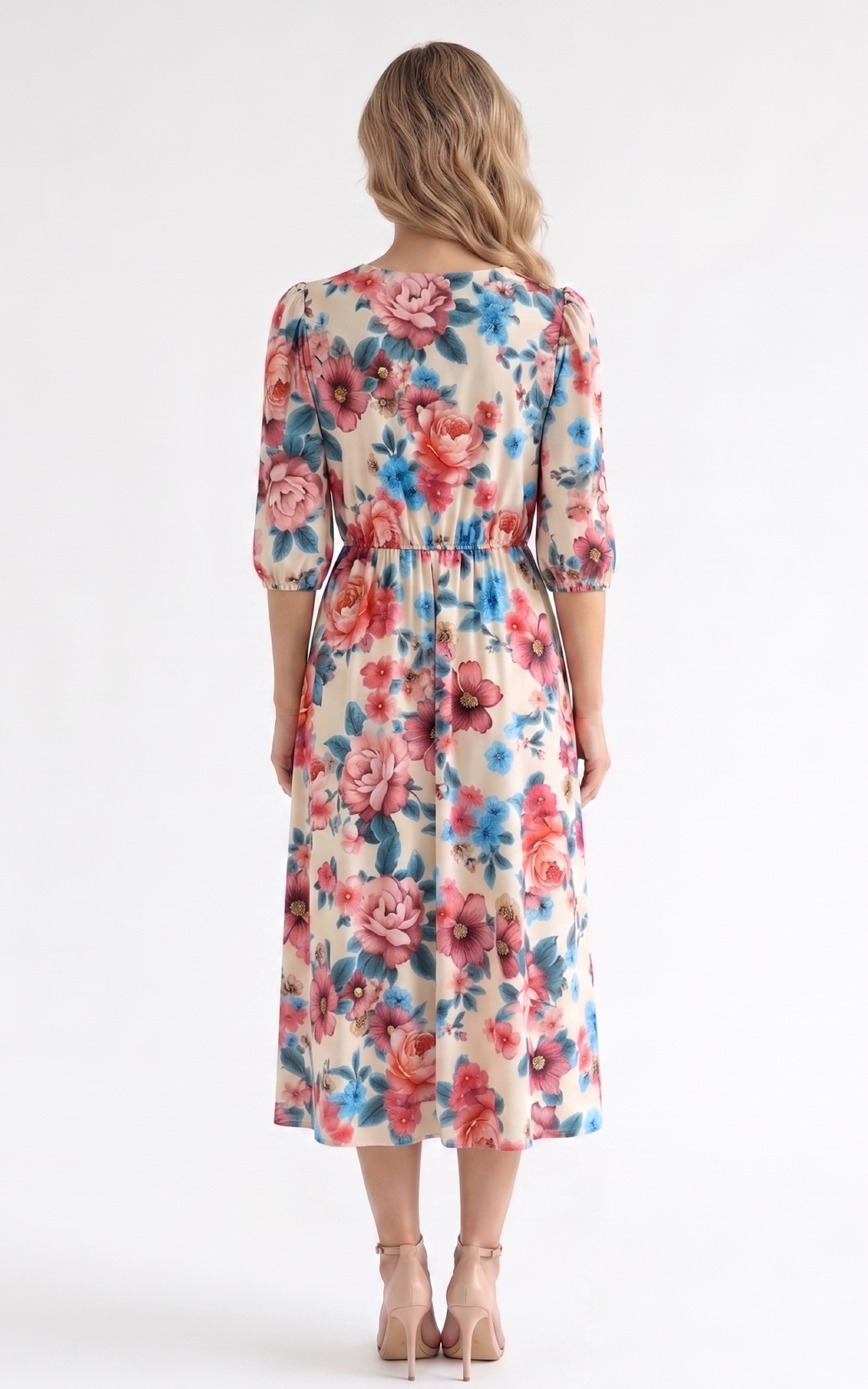 Rochie de vara, din satin subtire cu elastic in talie Hayes midi crem [4]