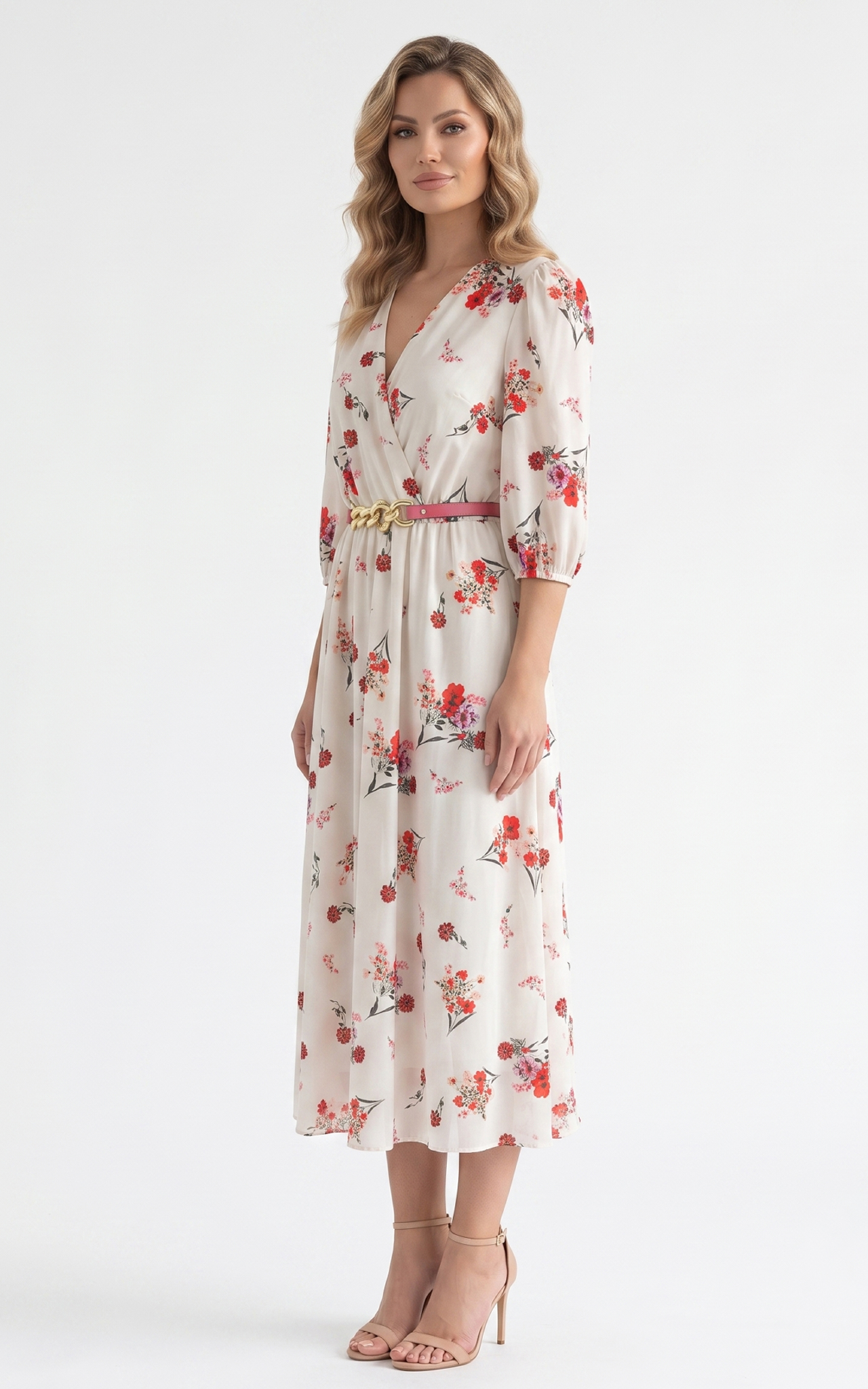 Rochie de vara, din satin subtire cu elastic in talie Hayes midi flori rosii [2]