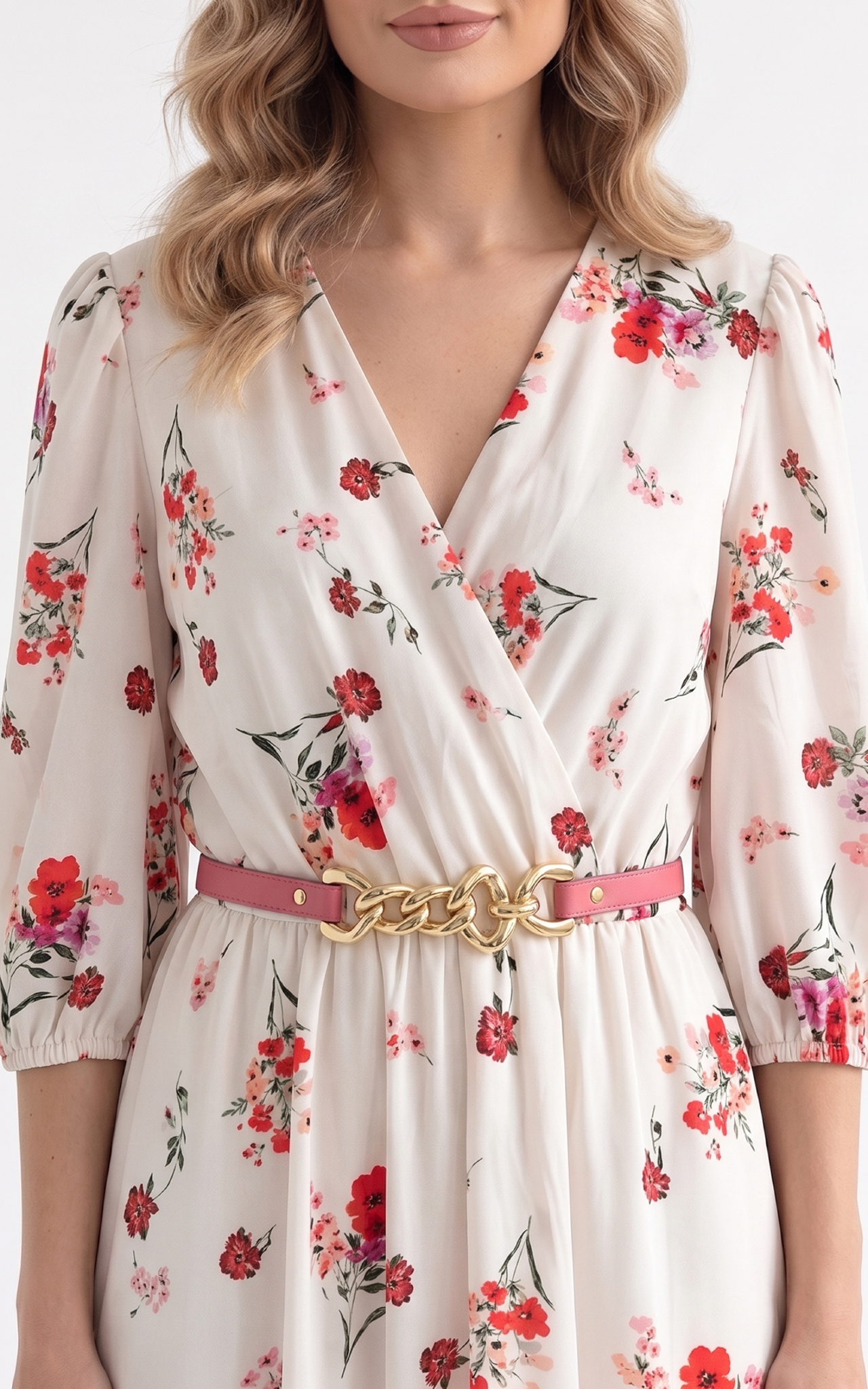 Rochie de vara, din satin subtire cu elastic in talie Hayes midi flori rosii [3]